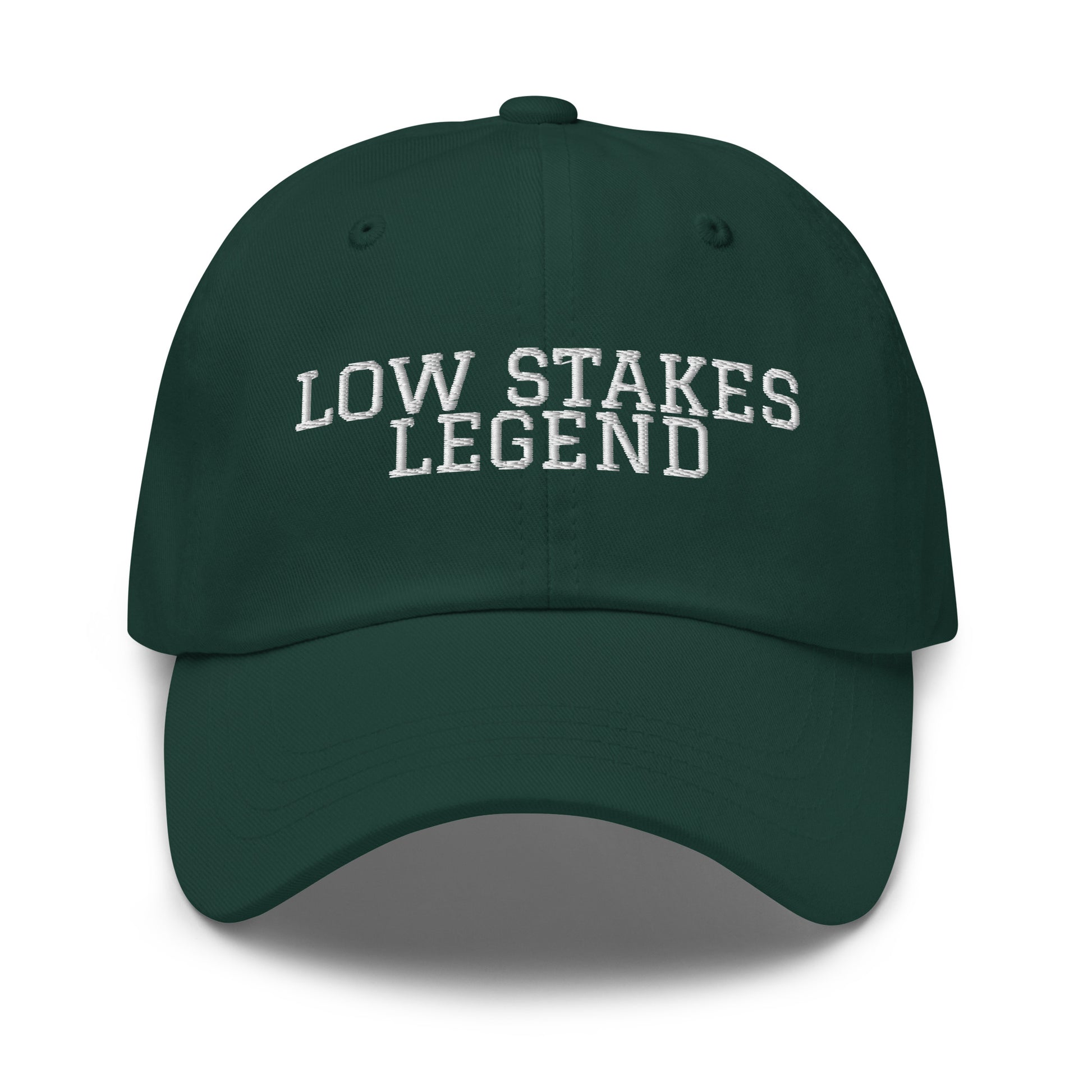 Low Stakes Legend embroidered baseball cap in Spruce with white embroidery by White Boy Summer