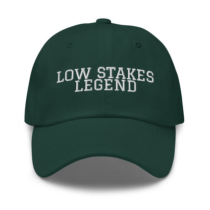 Low Stakes Legend embroidered baseball cap in Spruce with white embroidery by White Boy Summer