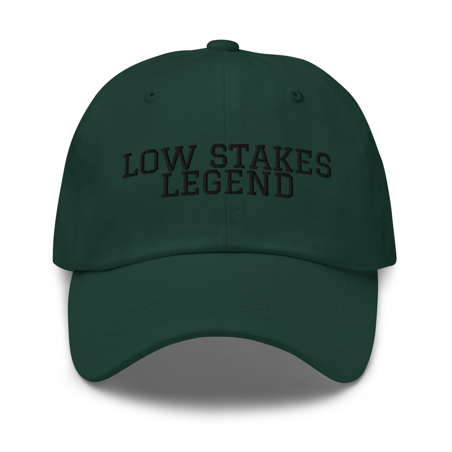 Low Stakes Legend embroidered baseball cap in Spruce with black embroidery by White Boy Summer