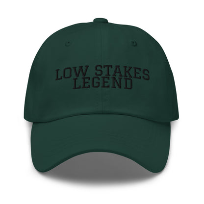 Low Stakes Legend embroidered baseball cap in Spruce with black embroidery by White Boy Summer