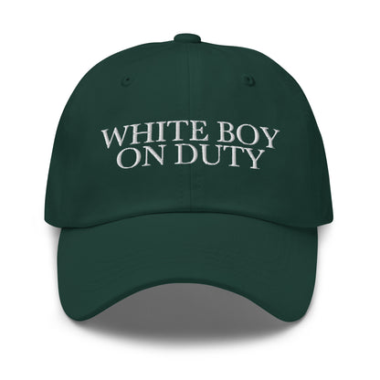 White Boy On Duty embroidered baseball cap in Spruce with white embroidery by White Boy Summer