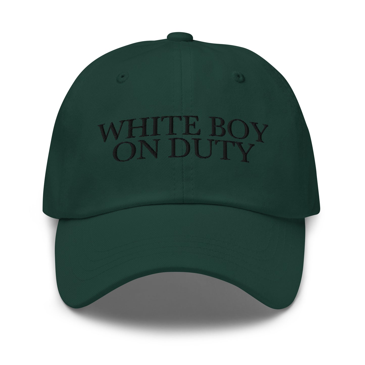 White Boy On Duty embroidered baseball cap in Spruce with black embroidery by White Boy Summer