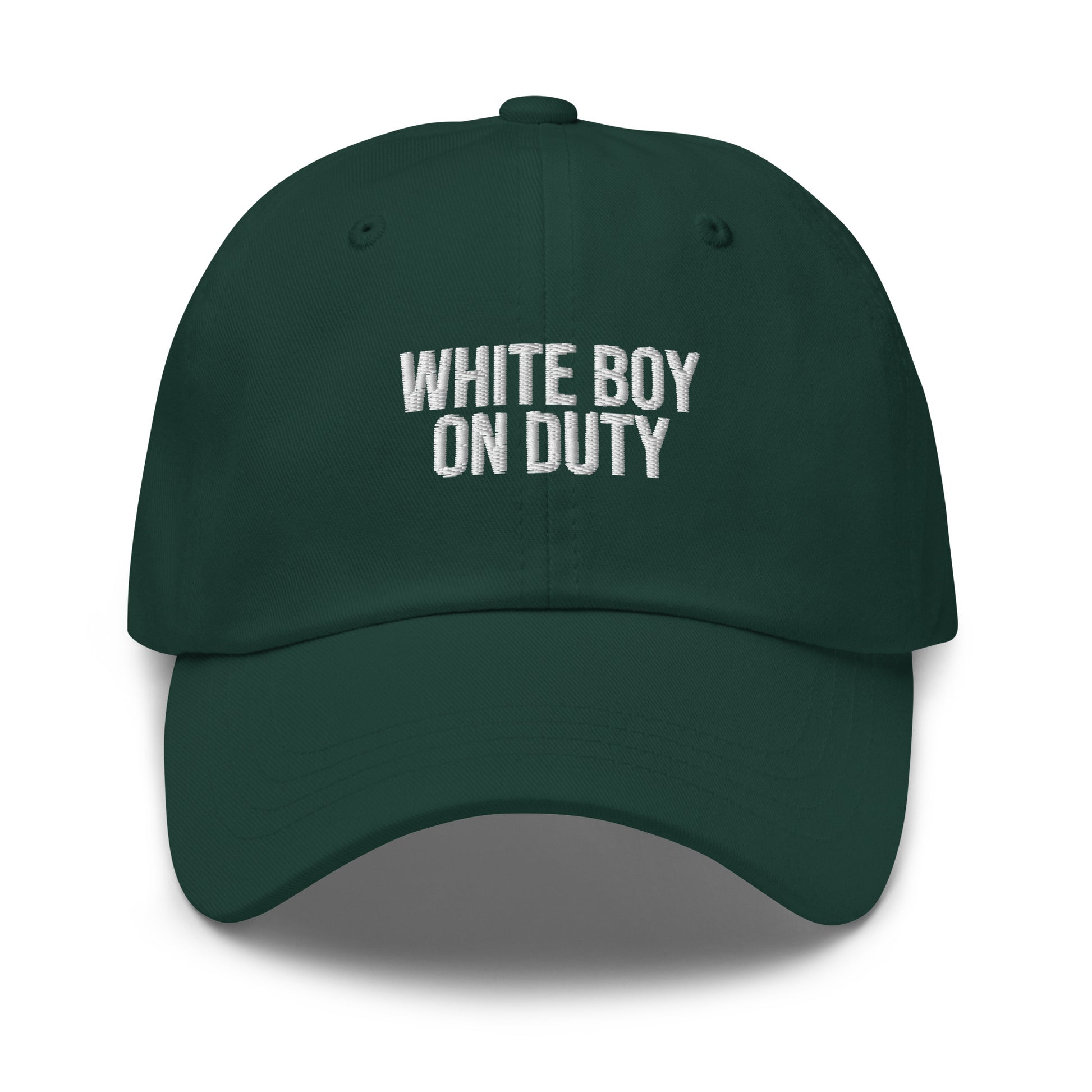 White Boy On Duty embroidered baseball cap in Spruce with white embroidery by White Boy Summer