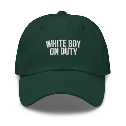 White Boy On Duty embroidered baseball cap in Spruce with white embroidery by White Boy Summer