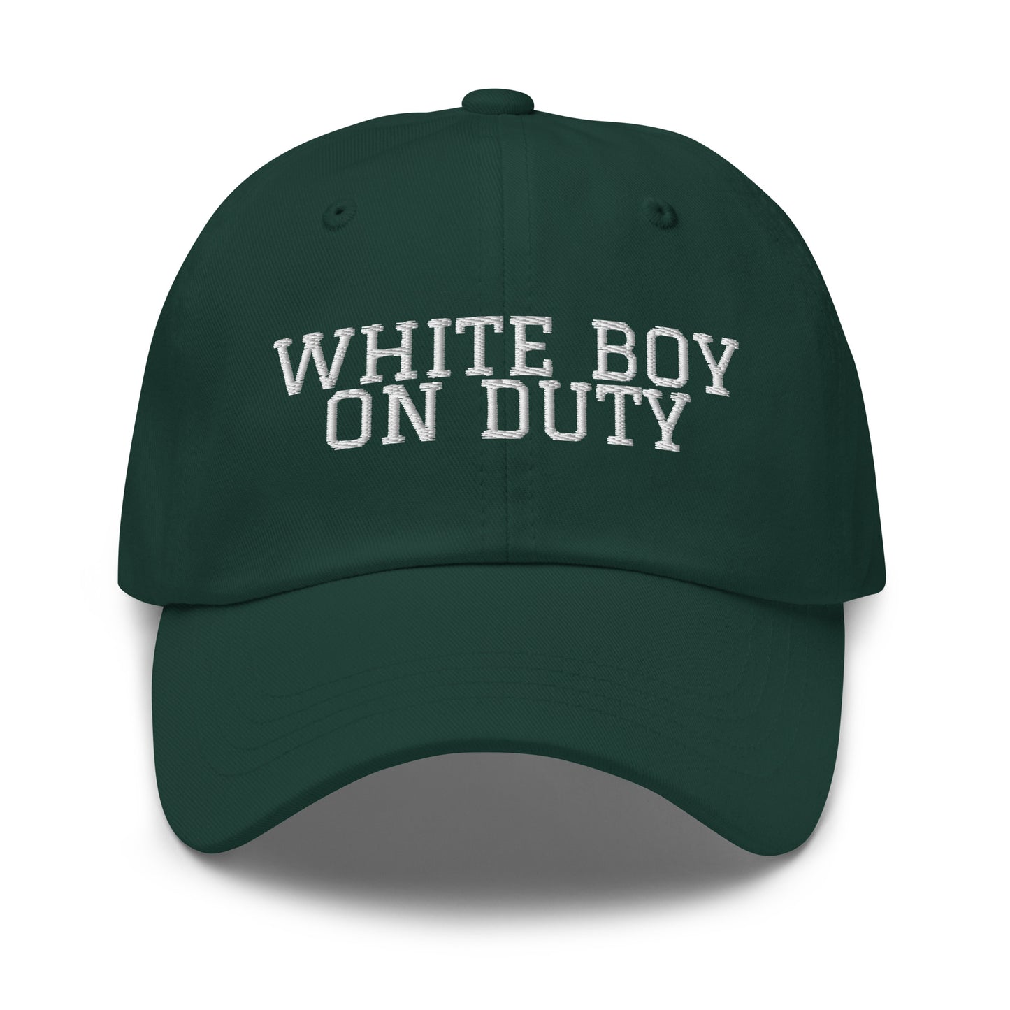 White Boy On Duty embroidered baseball cap in Spruce with white embroidery by White Boy Summer