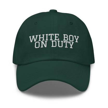 White Boy On Duty embroidered baseball cap in Spruce with white embroidery by White Boy Summer