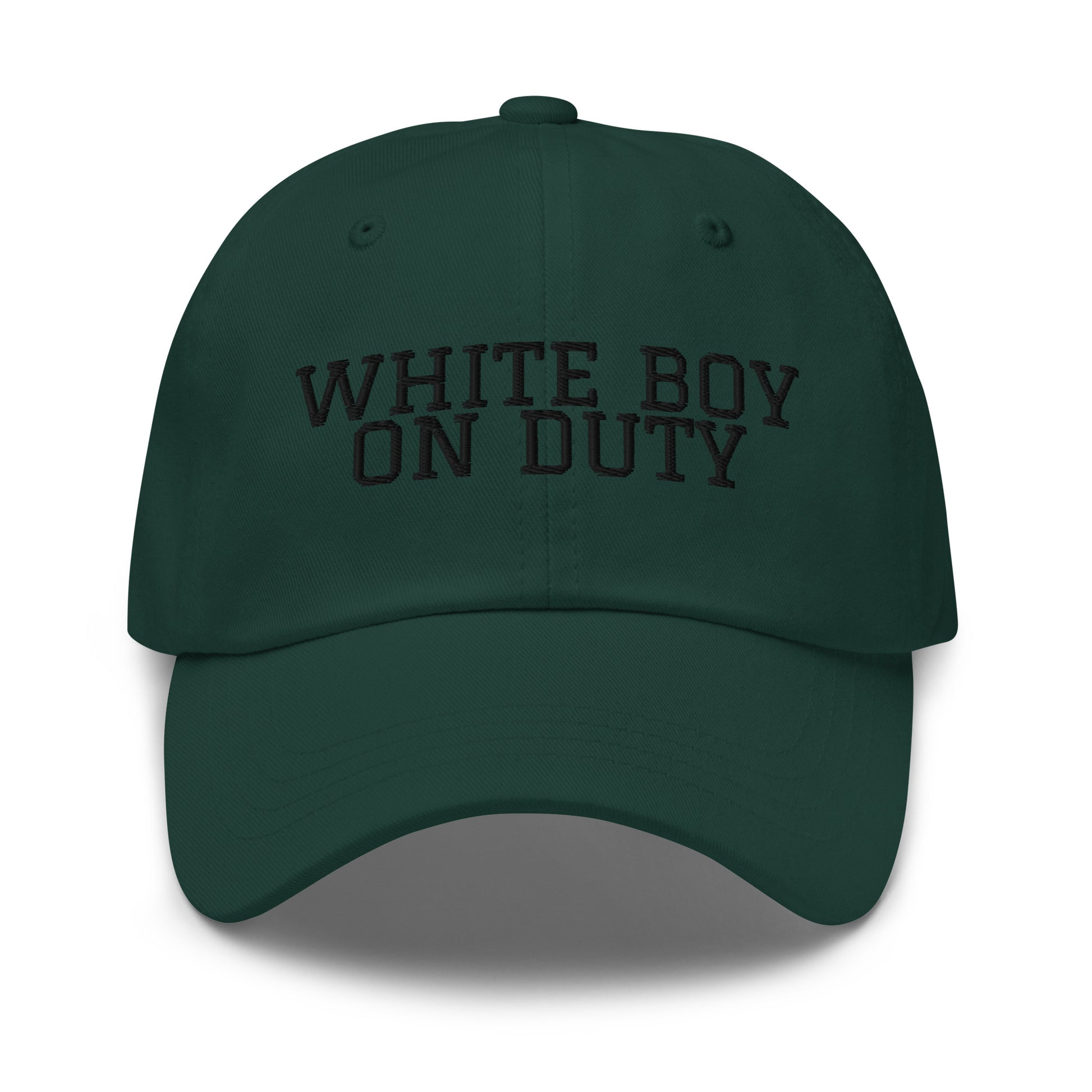 White Boy On Duty embroidered baseball cap in Spruce with black embroidery by White Boy Summer