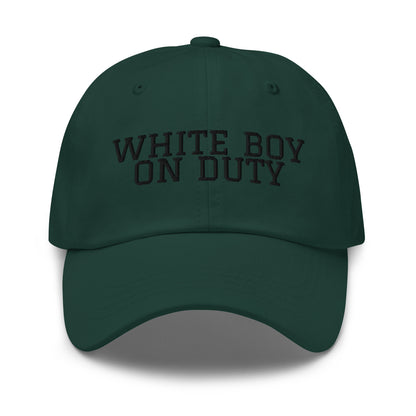 White Boy On Duty embroidered baseball cap in Spruce with black embroidery by White Boy Summer