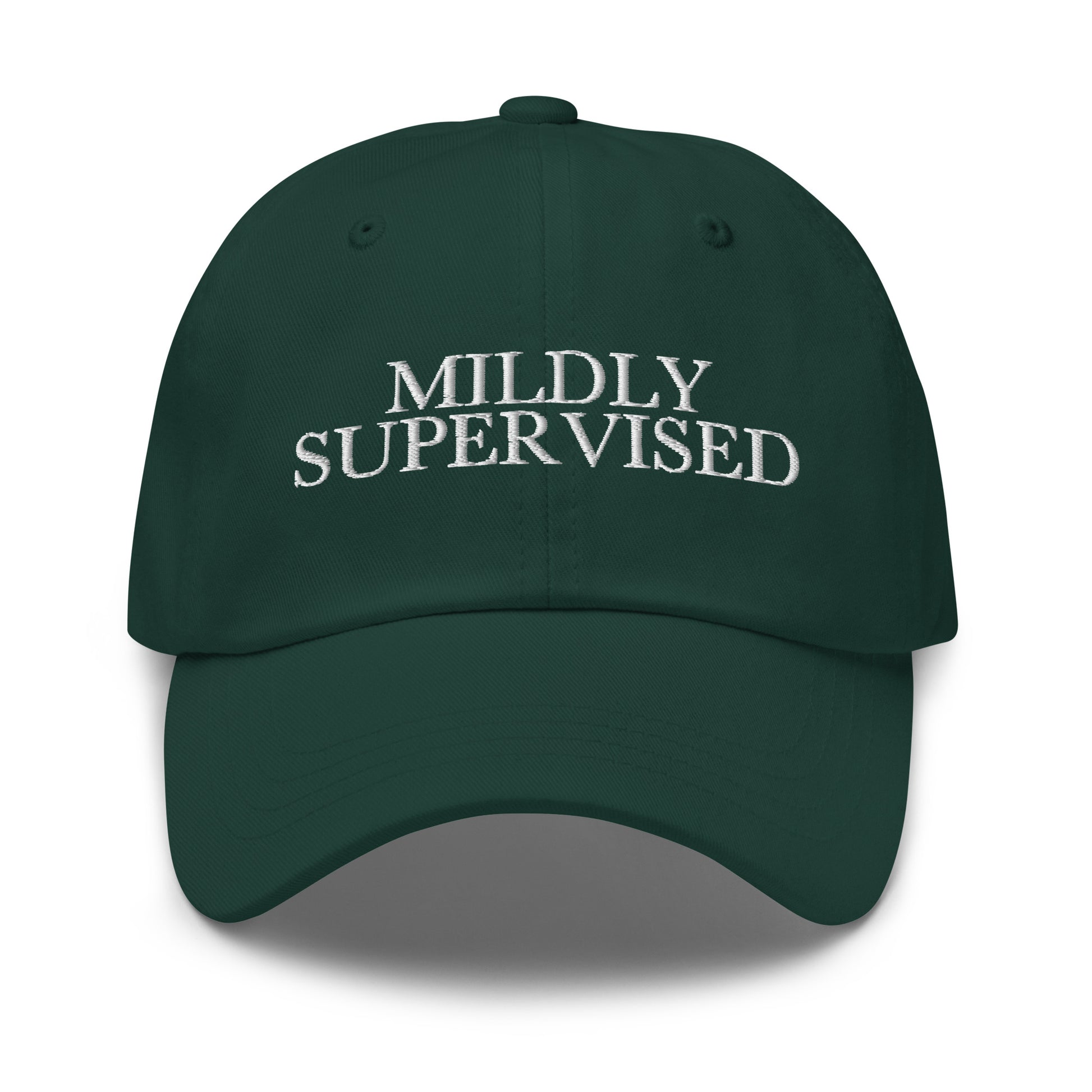 Mildly Supervised embroidered baseball cap in Spruce with white embroidery by White Boy Summer