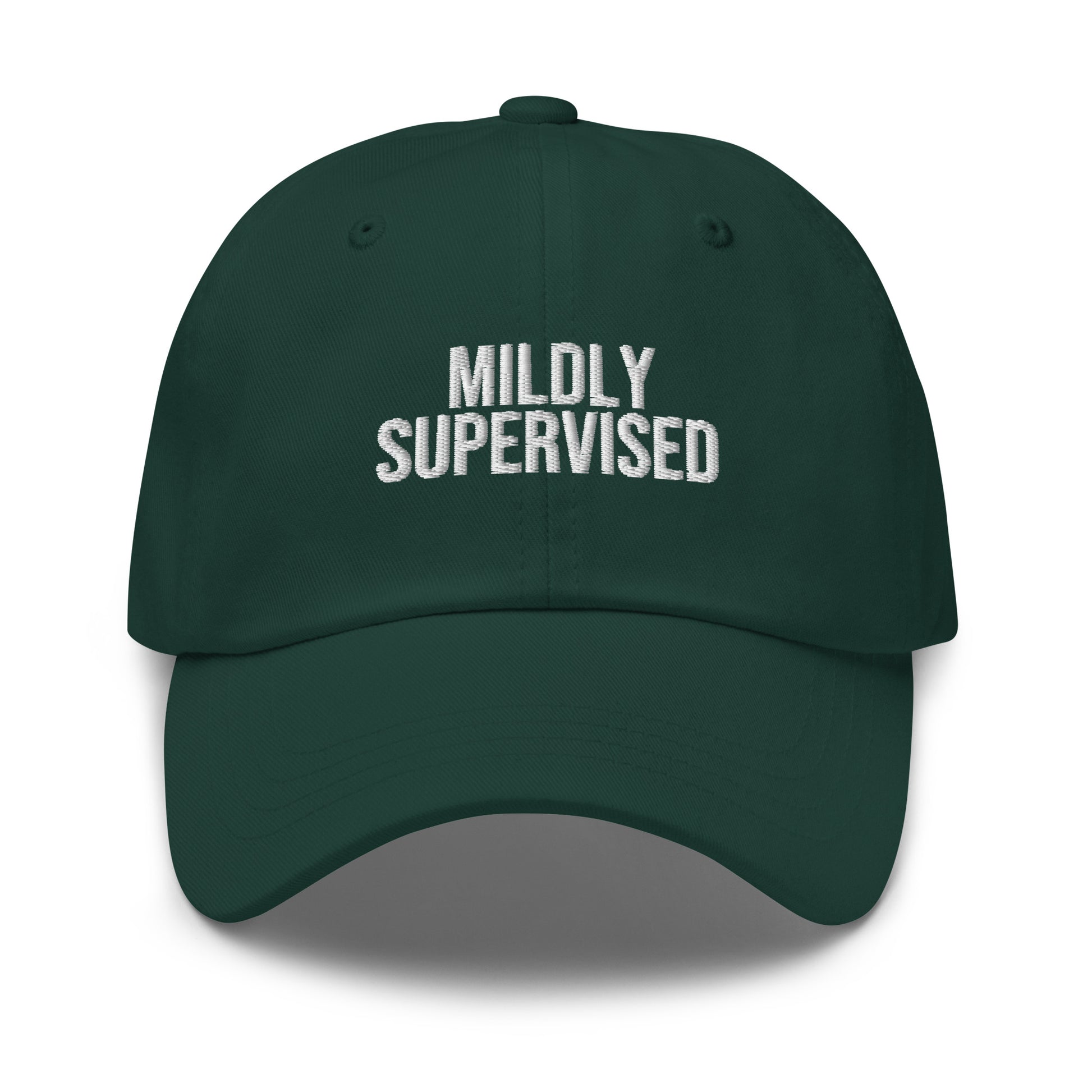 Mildly Supervised embroidered baseball cap in Spruce with white embroidery by White Boy Summer