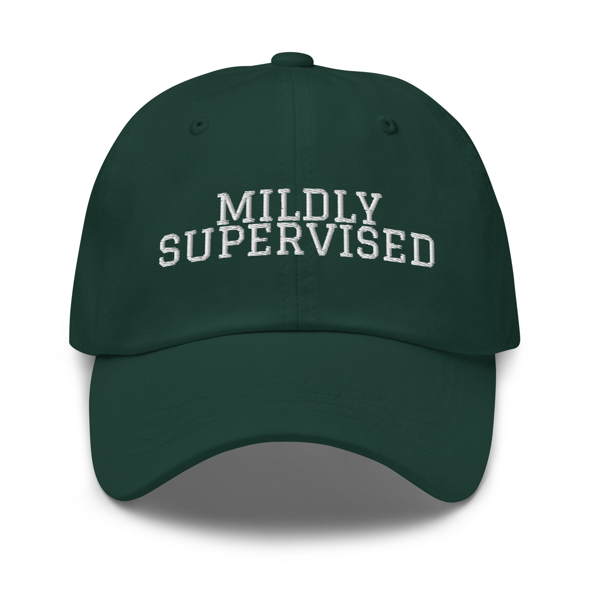 Mildly Supervised embroidered baseball cap in Spruce with white embroidery by White Boy Summer