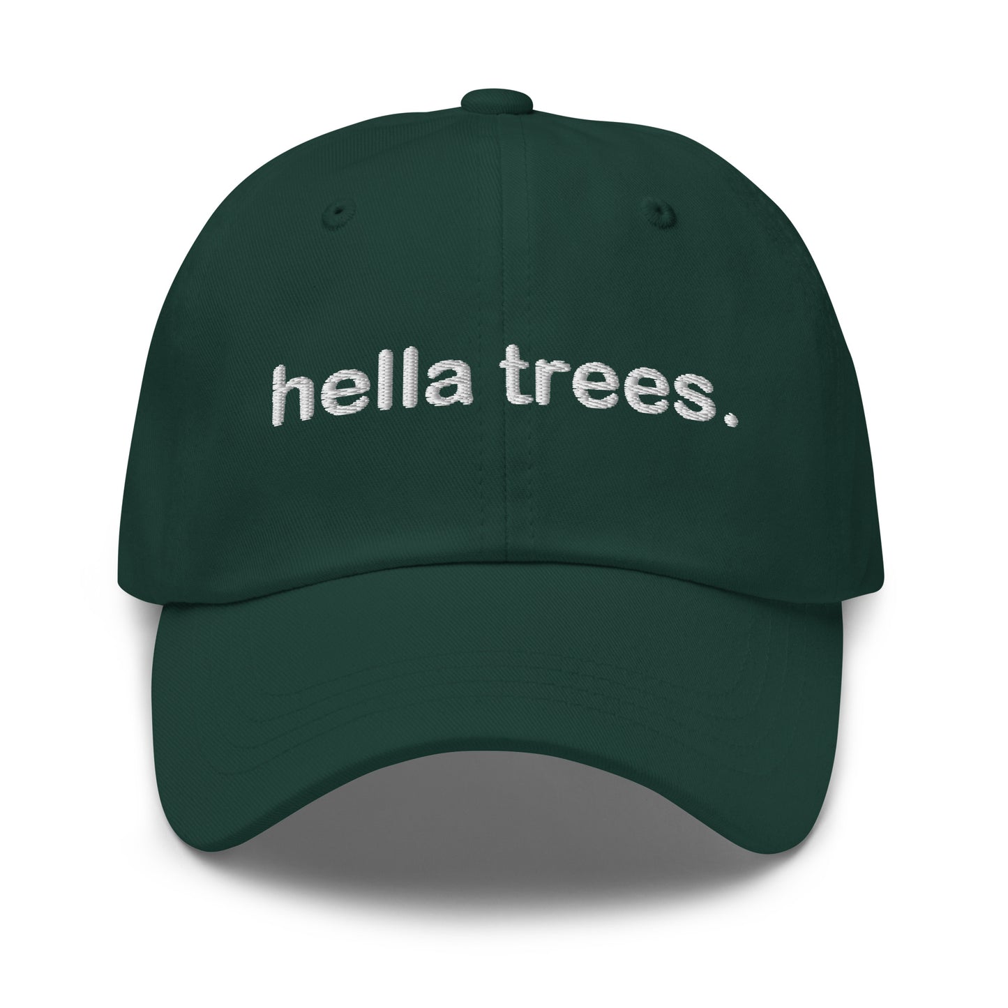 Hella Trees embroidered baseball cap in Spruce with white embroidery by White Boy Summer