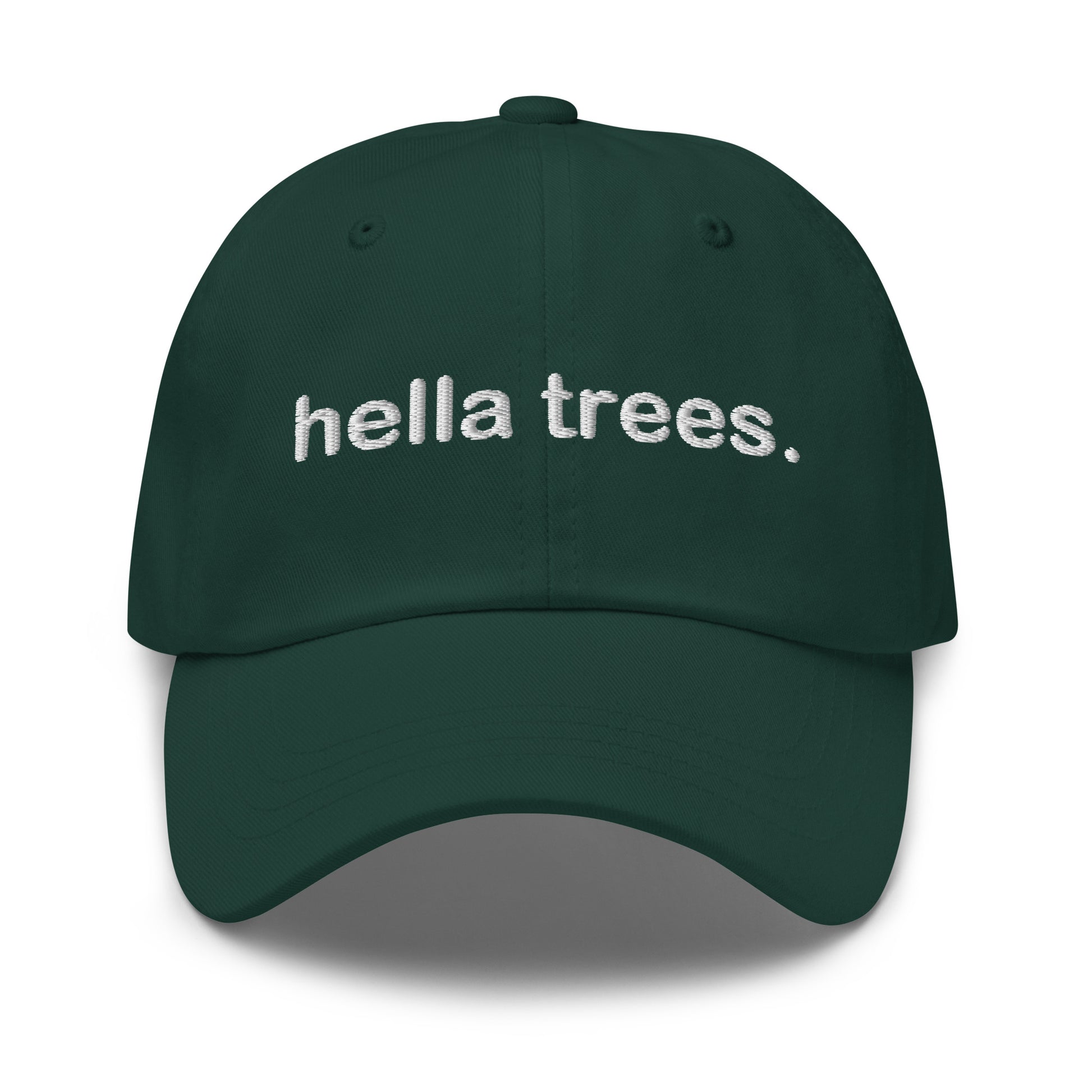 Hella Trees embroidered baseball cap in Spruce with white embroidery by White Boy Summer