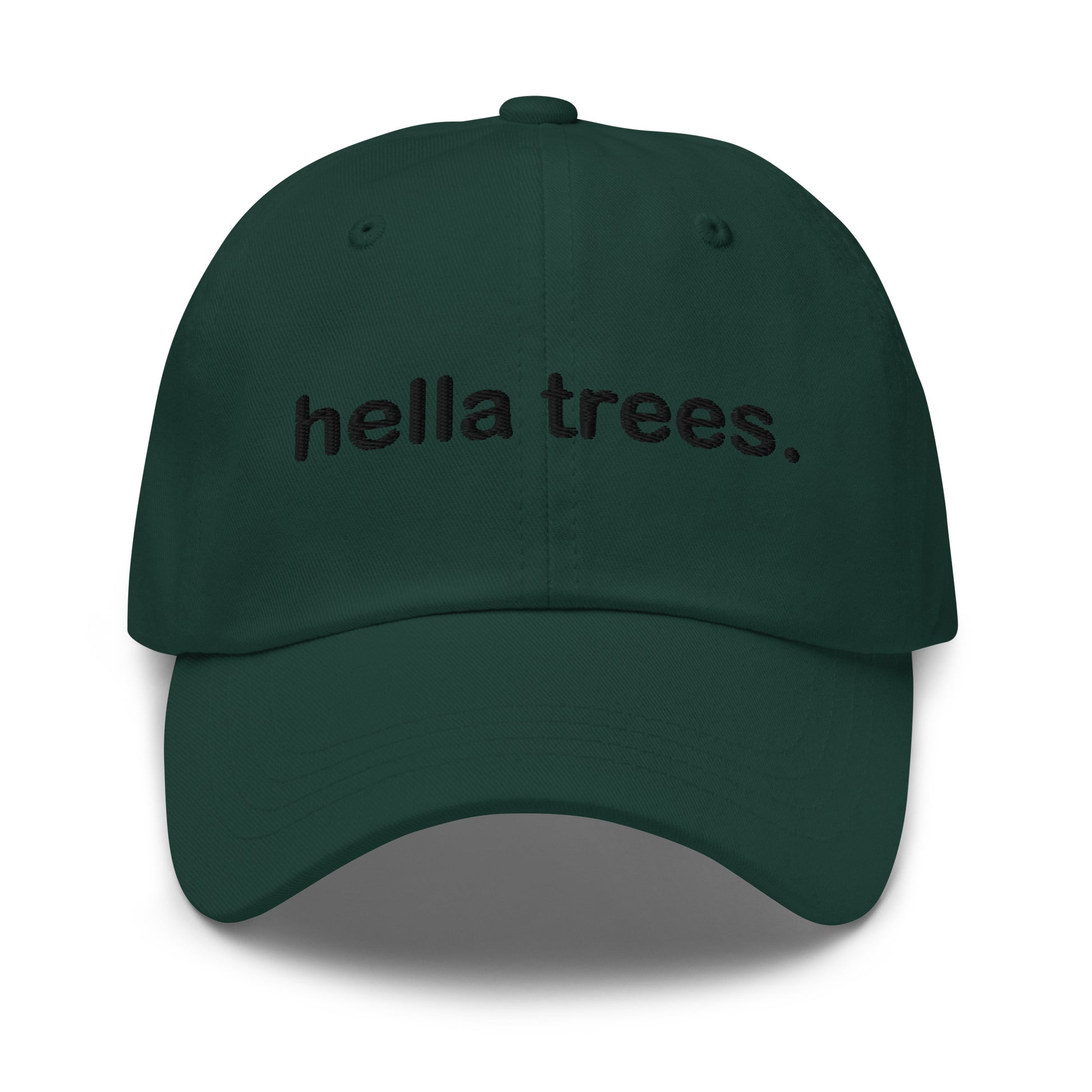 Hella Trees embroidered baseball cap in Spruce with black embroidery by White Boy Summer