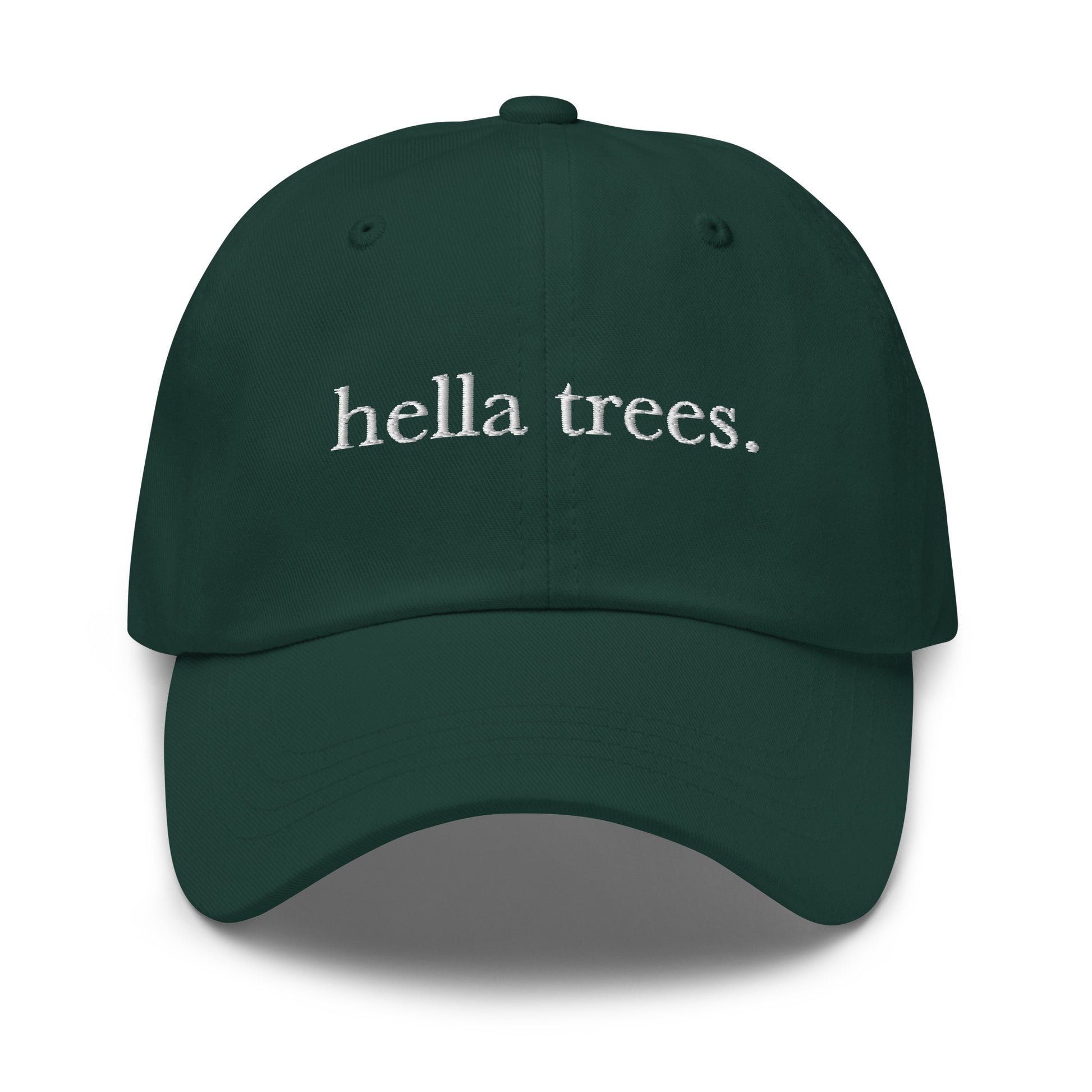 Hella Trees embroidered baseball cap in Spruce with white embroidery by White Boy Summer