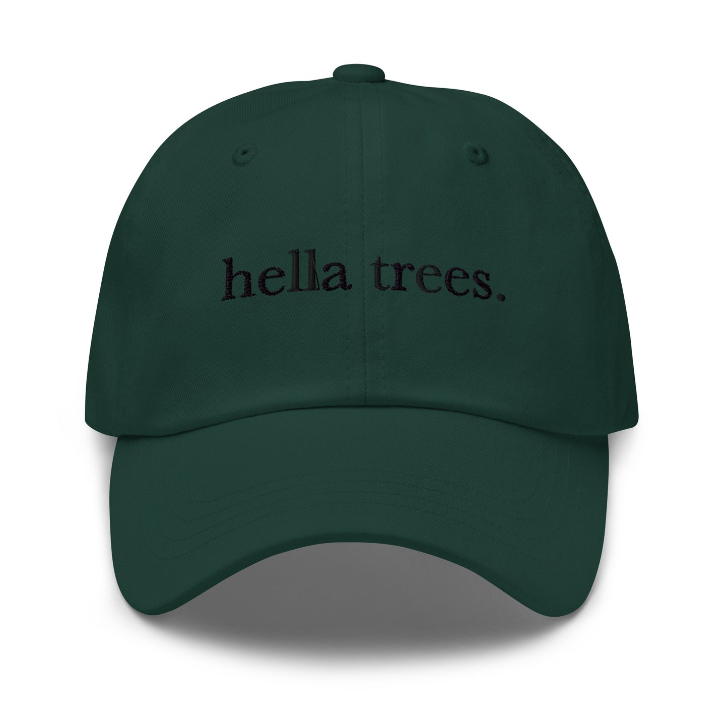 Hella Trees embroidered baseball cap in Spruce with black embroidery by White Boy Summer