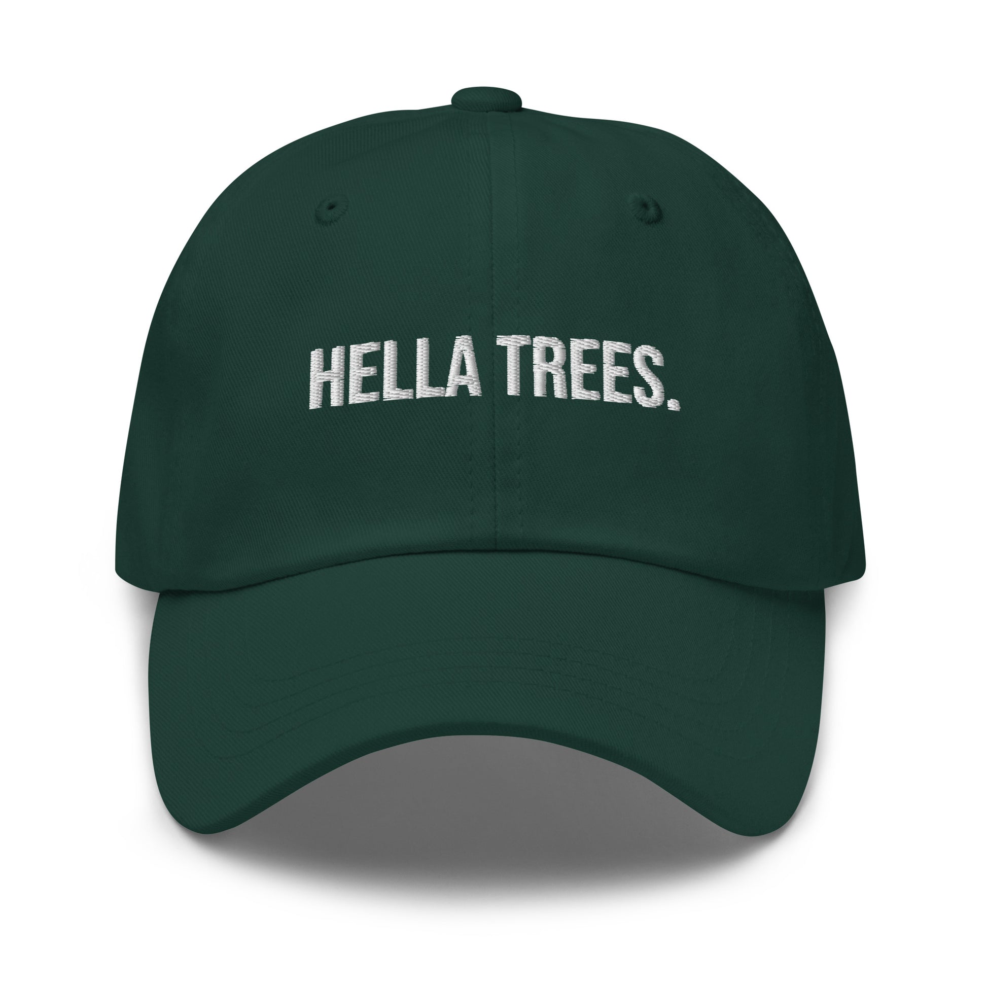 Hella Trees embroidered baseball cap in Spruce with white embroidery by White Boy Summer
