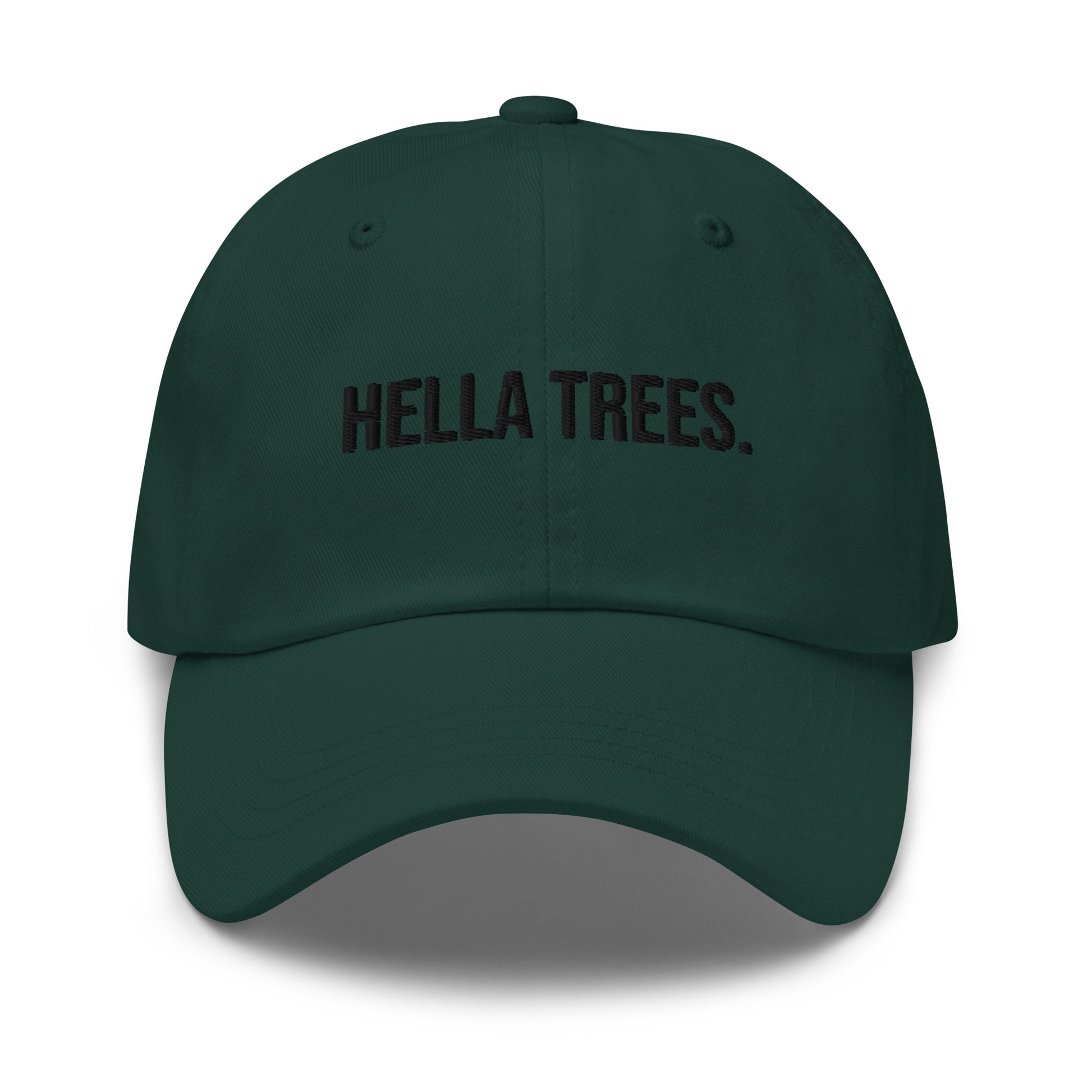 Hella Trees embroidered baseball cap in Spruce with black embroidery by White Boy Summer