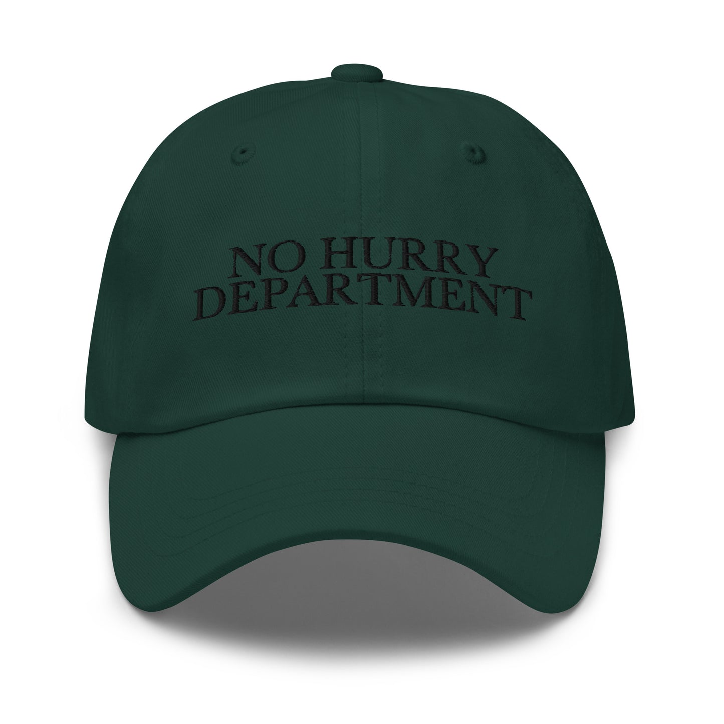 No Hurry Department embroidered baseball cap in Spruce with black embroidery by White Boy Summer