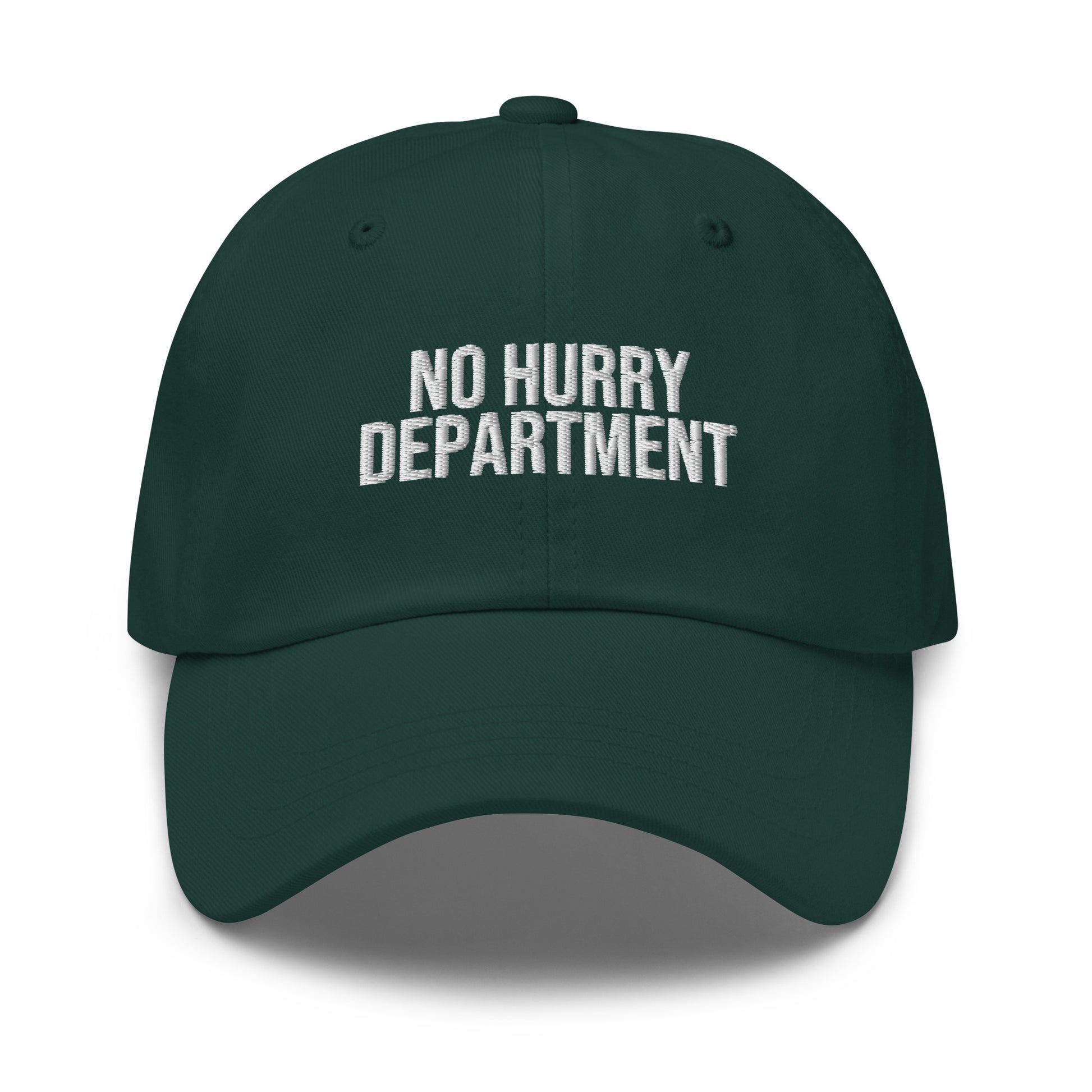 No Hurry Department embroidered baseball cap in Spruce with white embroidery by White Boy Summer