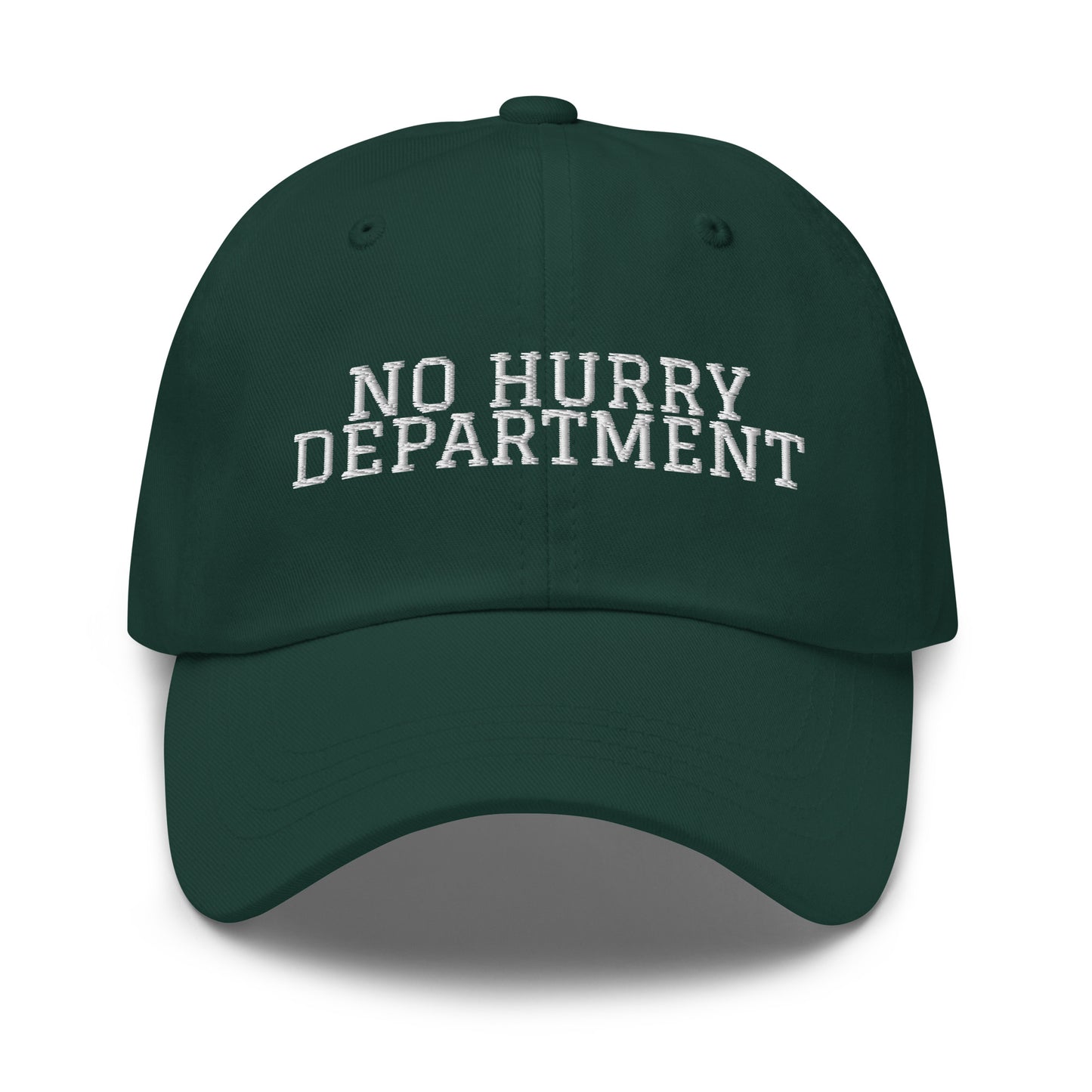 No Hurry Department embroidered baseball cap in Spruce with white embroidery by White Boy Summer
