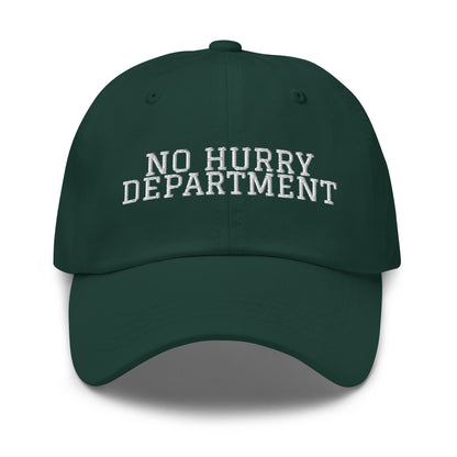 No Hurry Department embroidered baseball cap in Spruce with white embroidery by White Boy Summer