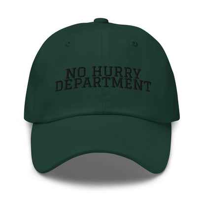 No Hurry Department embroidered baseball cap in Spruce with black embroidery by White Boy Summer