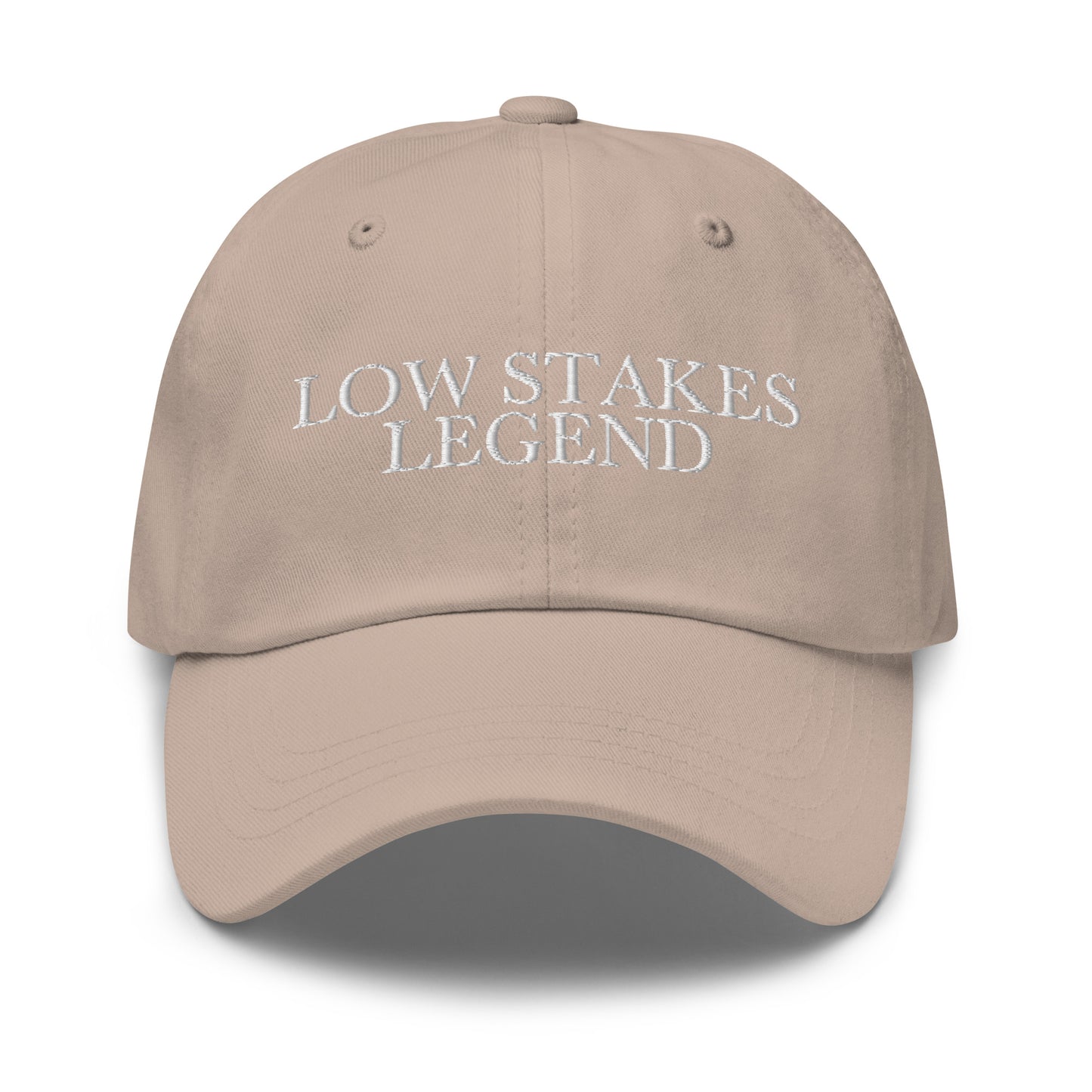 Low Stakes Legend embroidered baseball cap in Stone with white embroidery by White Boy Summer