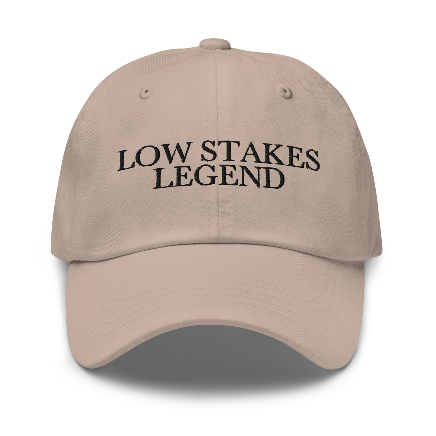 Low Stakes Legend embroidered baseball cap in Stone with black embroidery by White Boy Summer