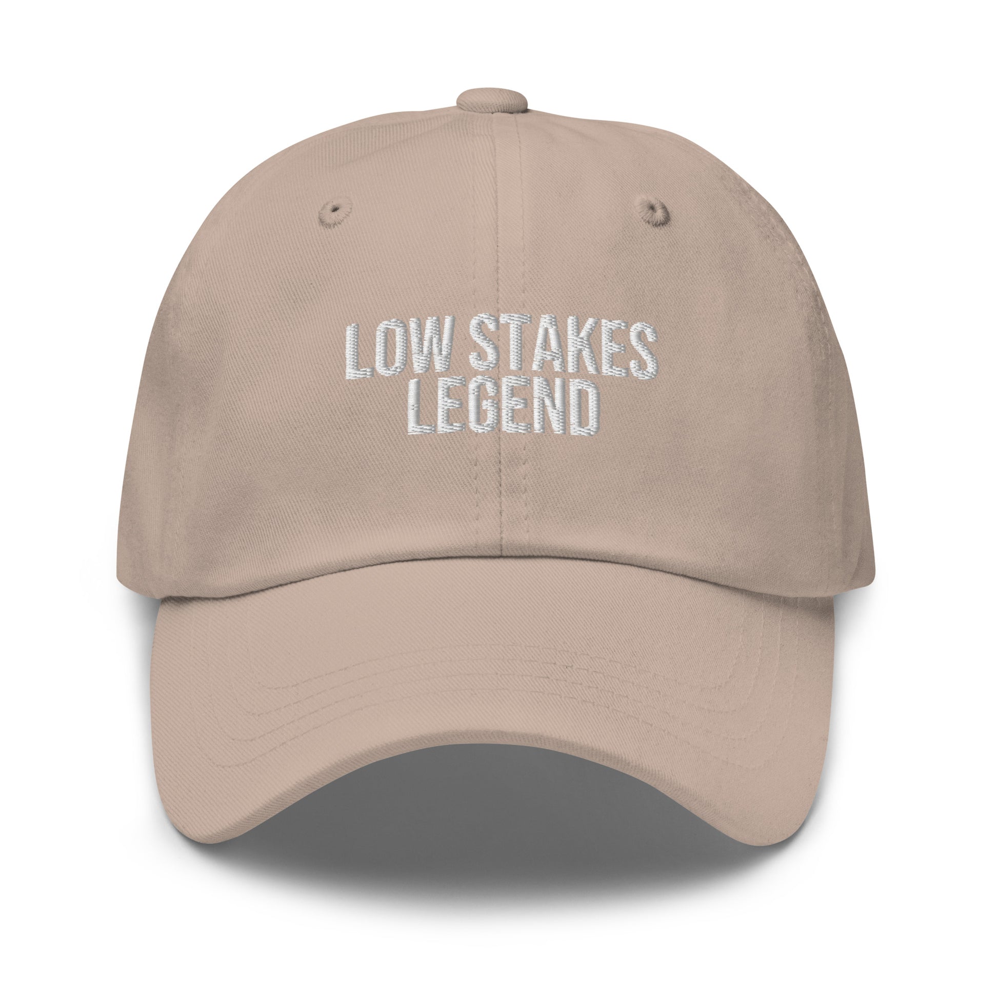 Low Stakes Legend embroidered baseball cap in Stone with white embroidery by White Boy Summer