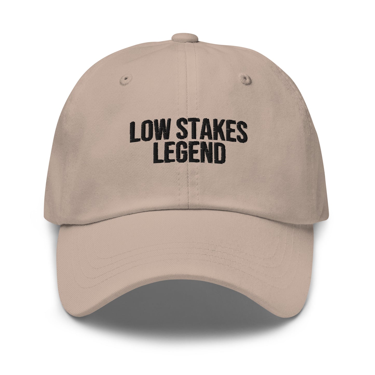Low Stakes Legend embroidered baseball cap in Stone with black embroidery by White Boy Summer