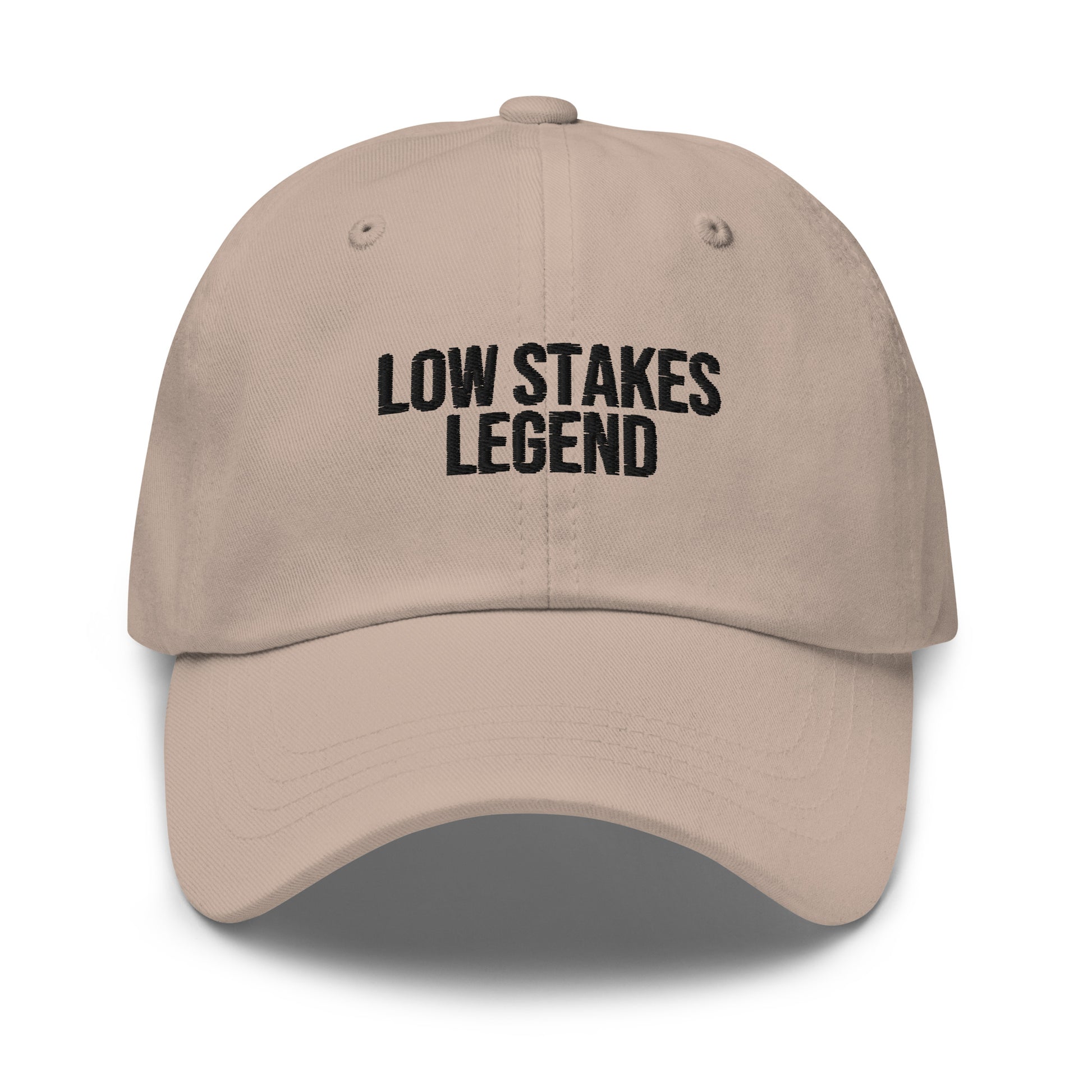 Low Stakes Legend embroidered baseball cap in Stone with black embroidery by White Boy Summer