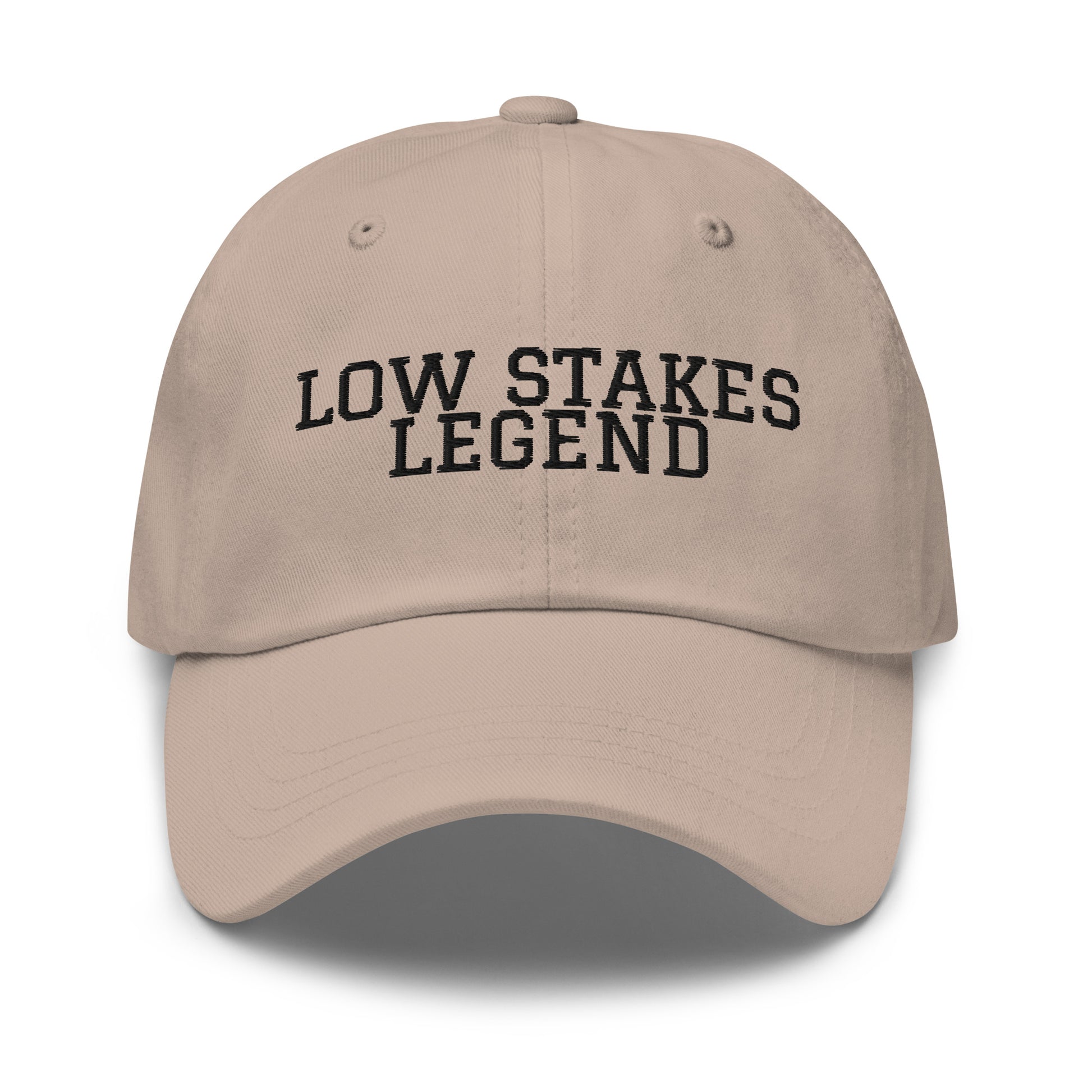 Low Stakes Legend embroidered baseball cap in Stone with black embroidery by White Boy Summer