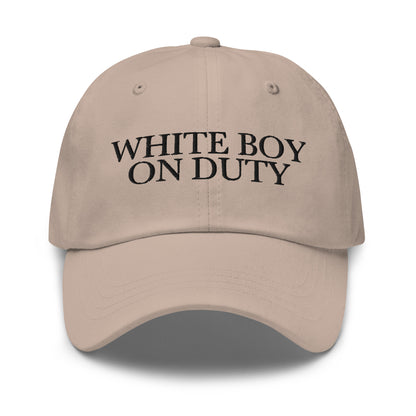 White Boy On Duty embroidered baseball cap in Stone with black embroidery by White Boy Summer