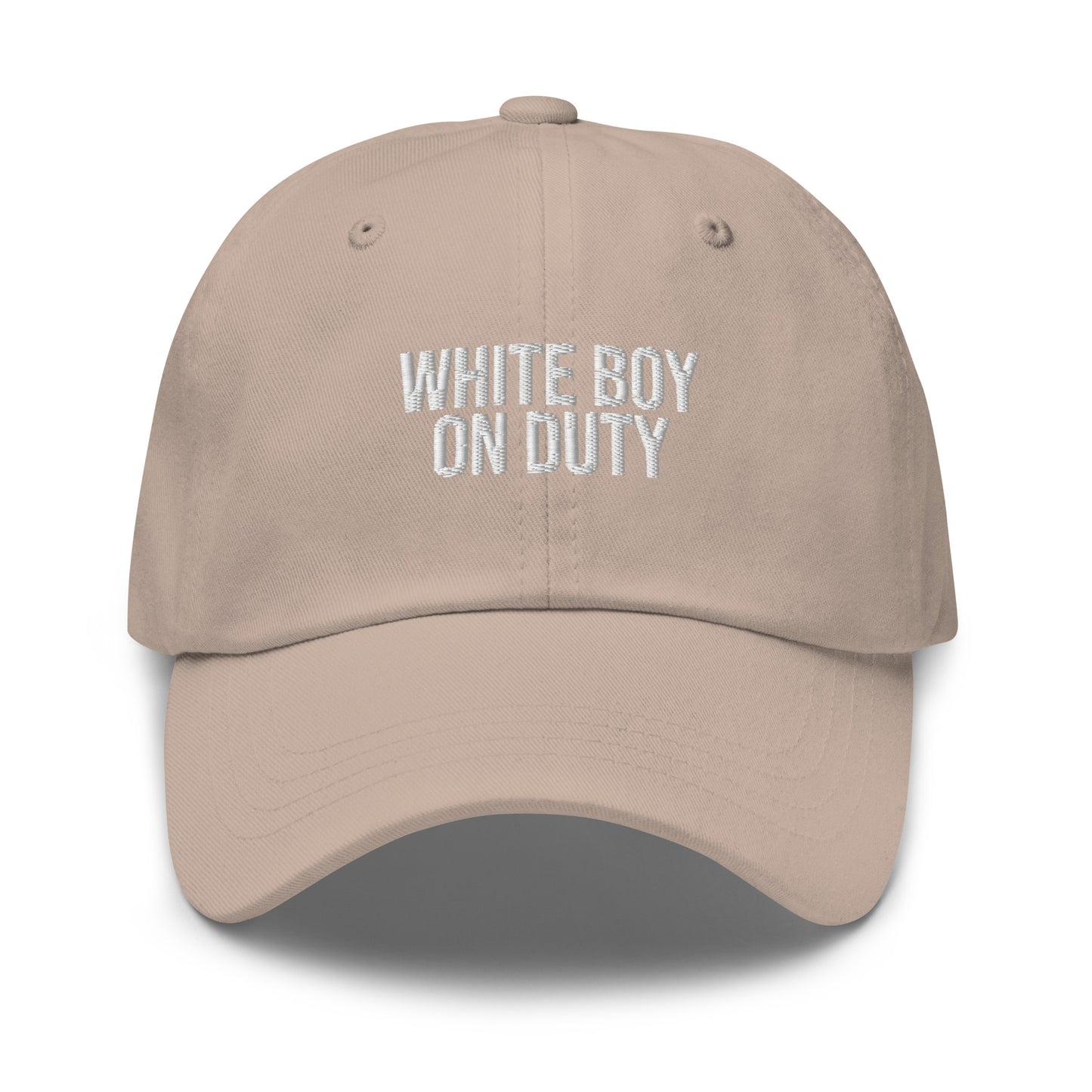 White Boy On Duty embroidered baseball cap in Stone with white embroidery by White Boy Summer