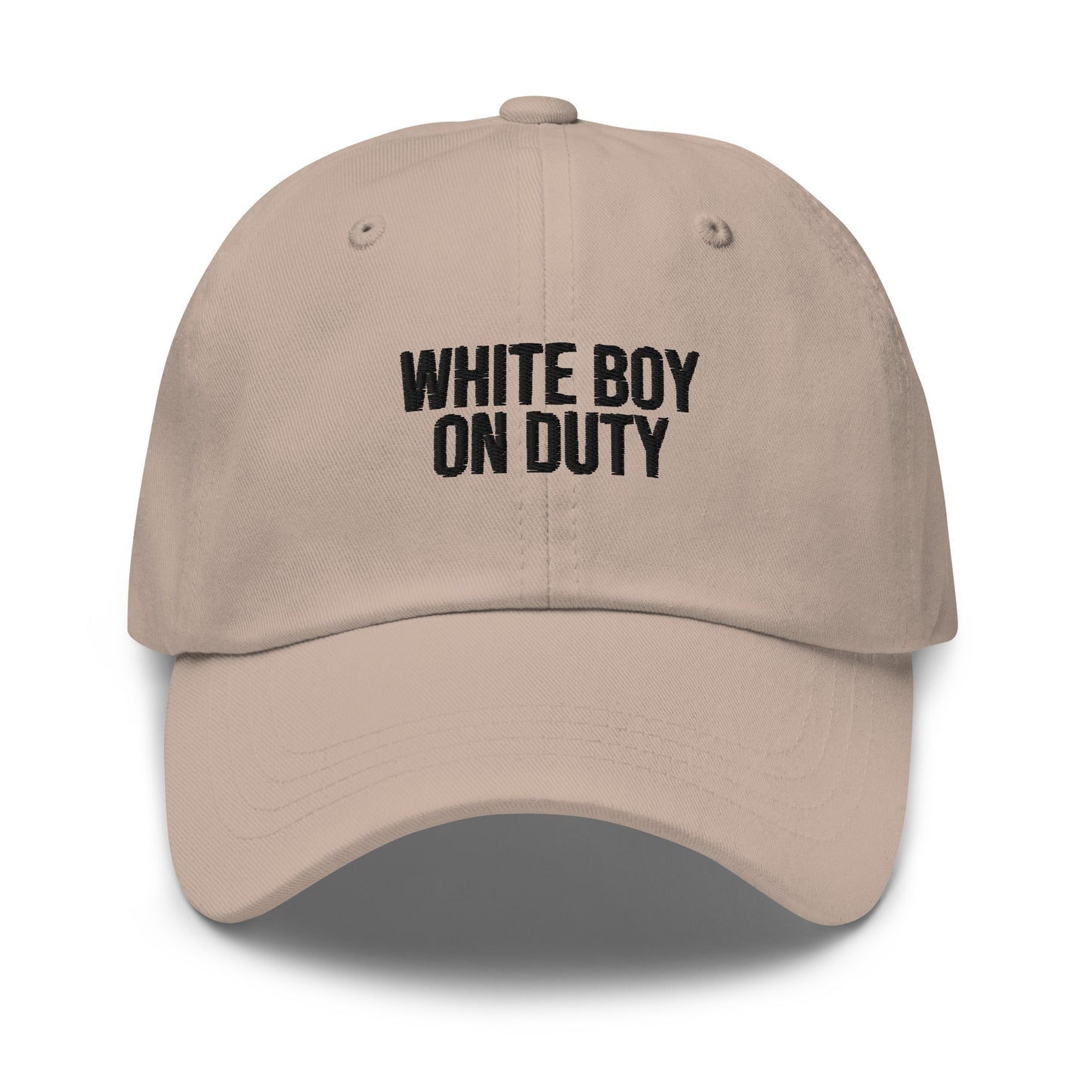 White Boy On Duty embroidered baseball cap in Stone with black embroidery by White Boy Summer