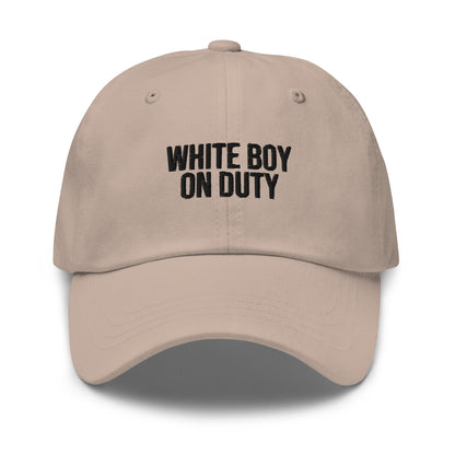 White Boy On Duty embroidered baseball cap in Stone with black embroidery by White Boy Summer