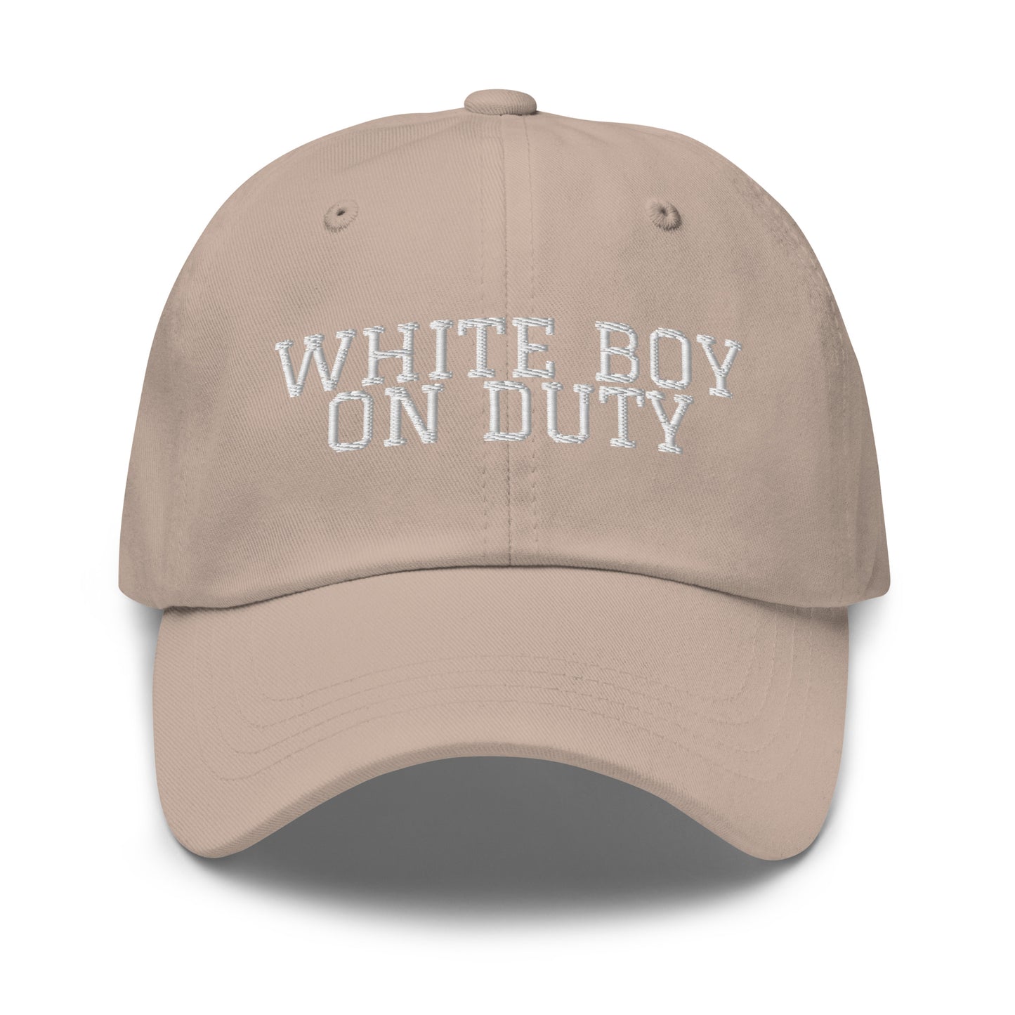 White Boy On Duty embroidered baseball cap in Stone with white embroidery by White Boy Summer