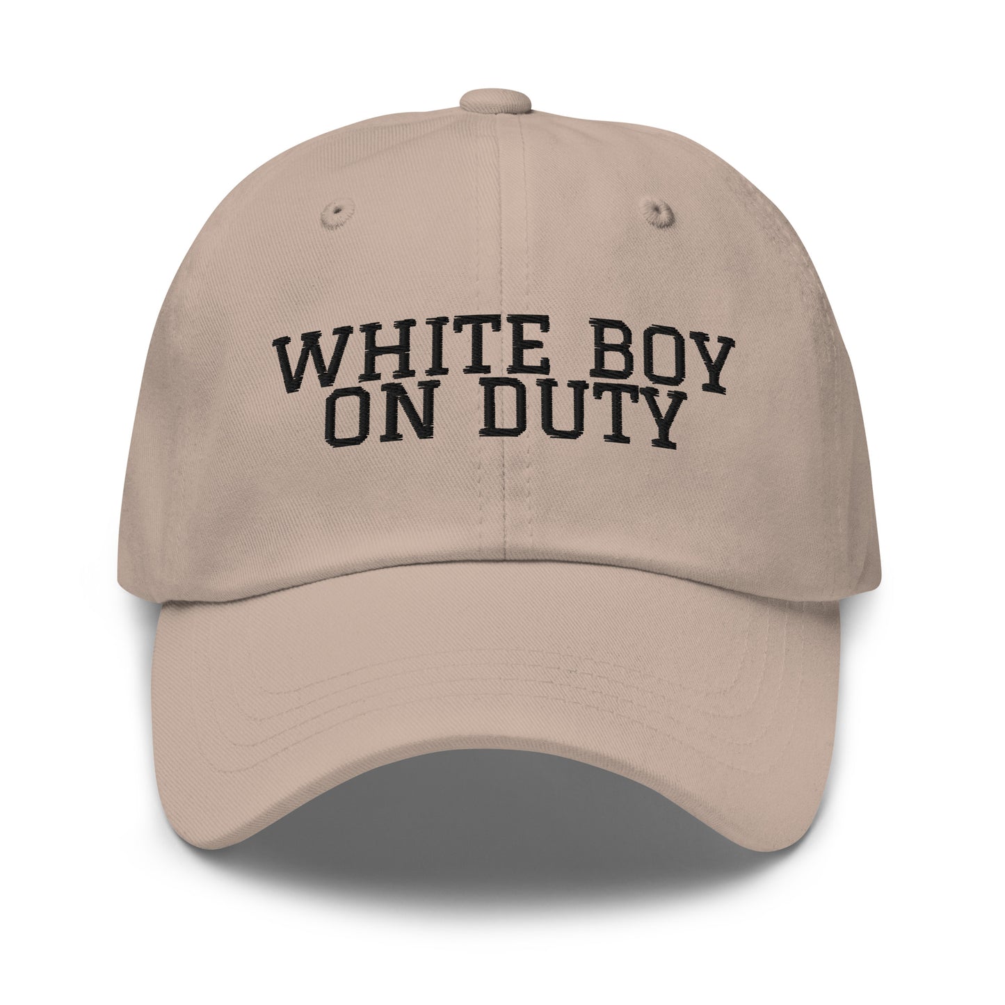 White Boy On Duty embroidered baseball cap in Stone with black embroidery by White Boy Summer