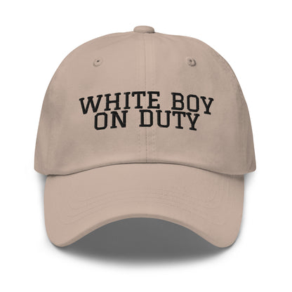 White Boy On Duty embroidered baseball cap in Stone with black embroidery by White Boy Summer