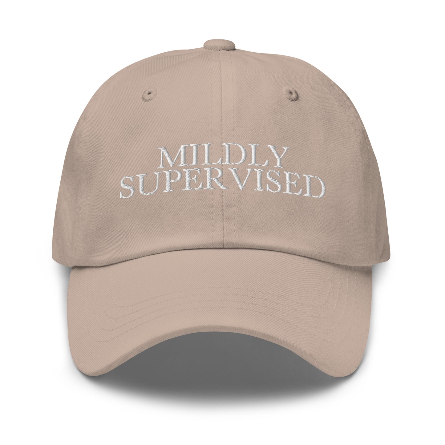 Mildly Supervised embroidered baseball cap in Stone with white embroidery by White Boy Summer