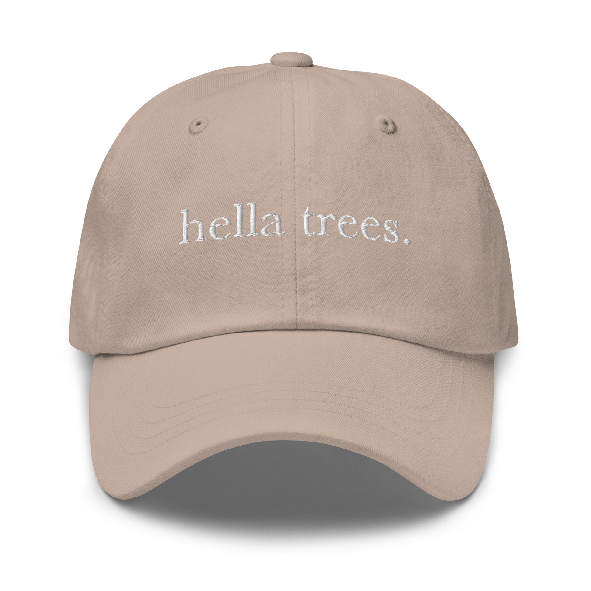 Hella Trees embroidered baseball cap in Stone with white embroidery by White Boy Summer