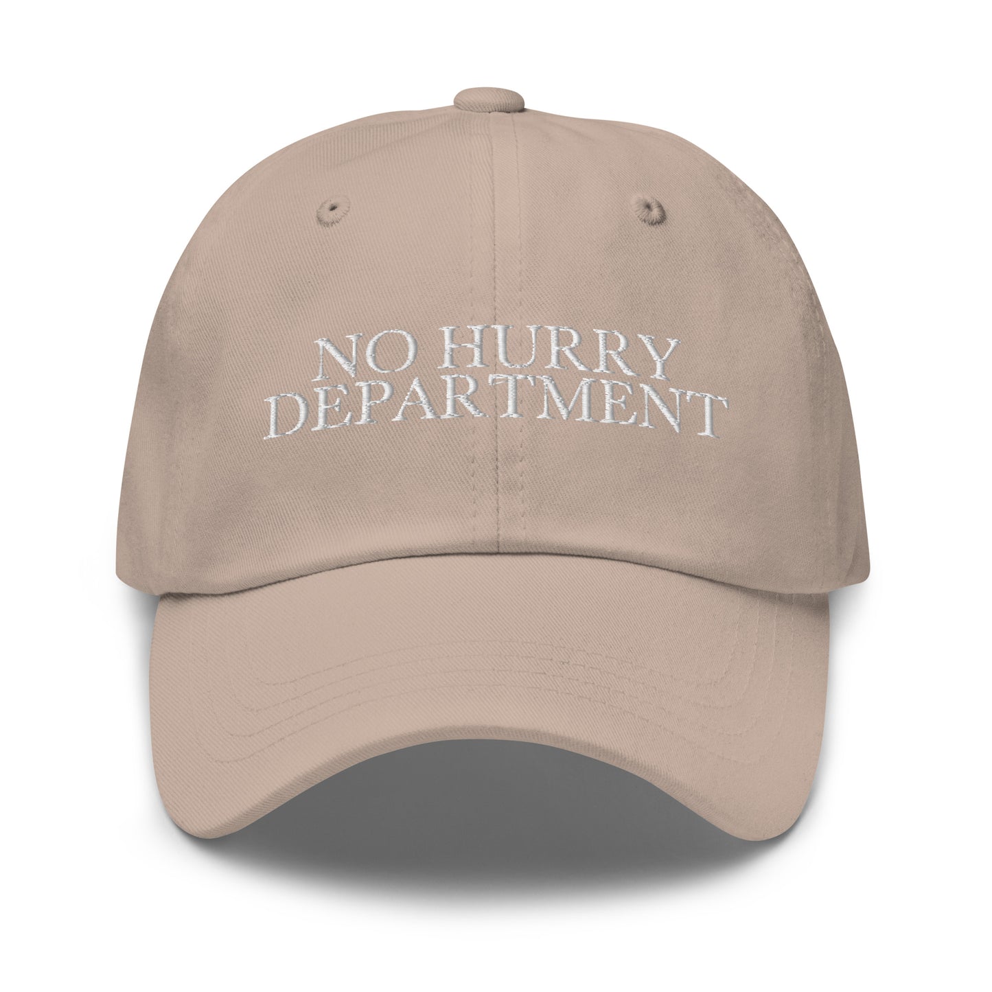 No Hurry Department embroidered baseball cap in Stone with white embroidery by White Boy Summer