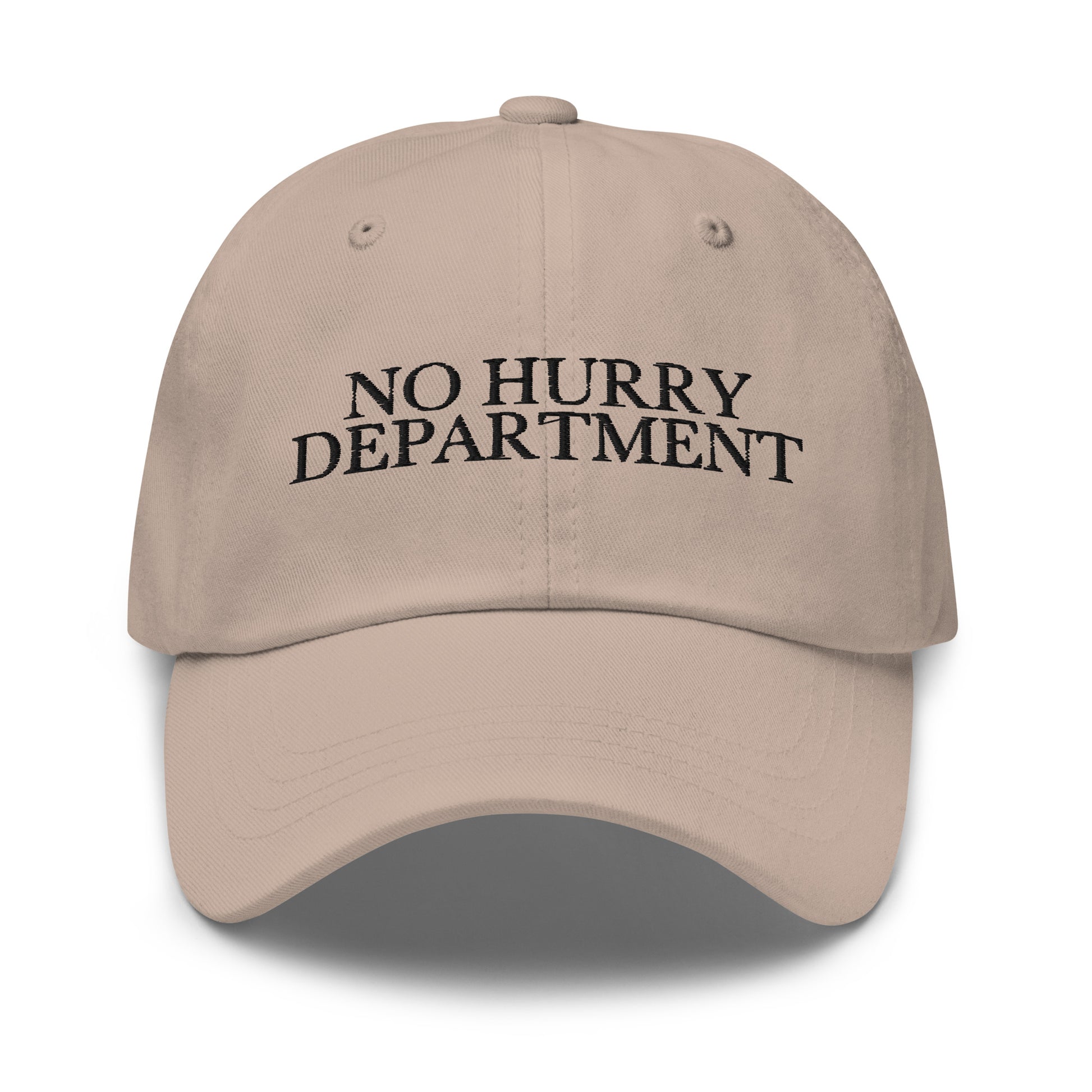 No Hurry Department embroidered baseball cap in Stone with black embroidery by White Boy Summer