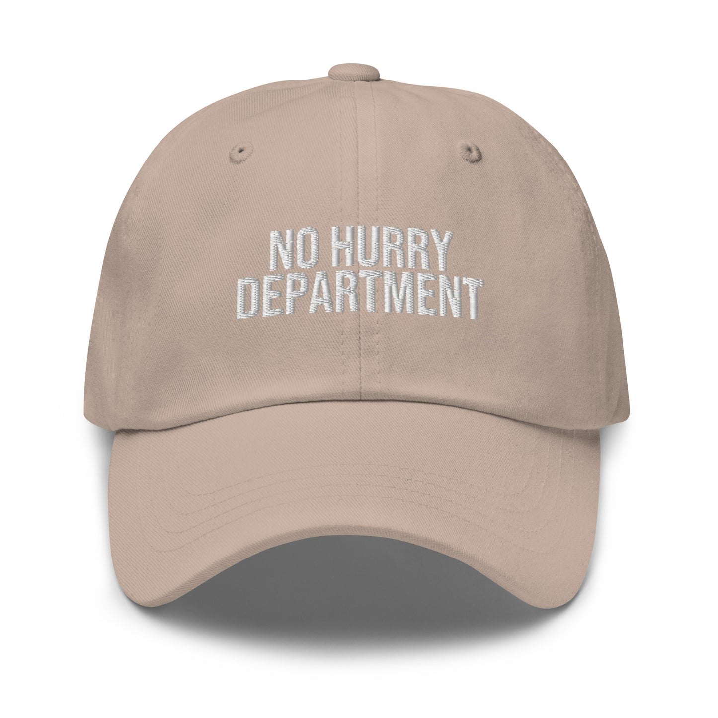 No Hurry Department embroidered baseball cap in Stone with white embroidery by White Boy Summer