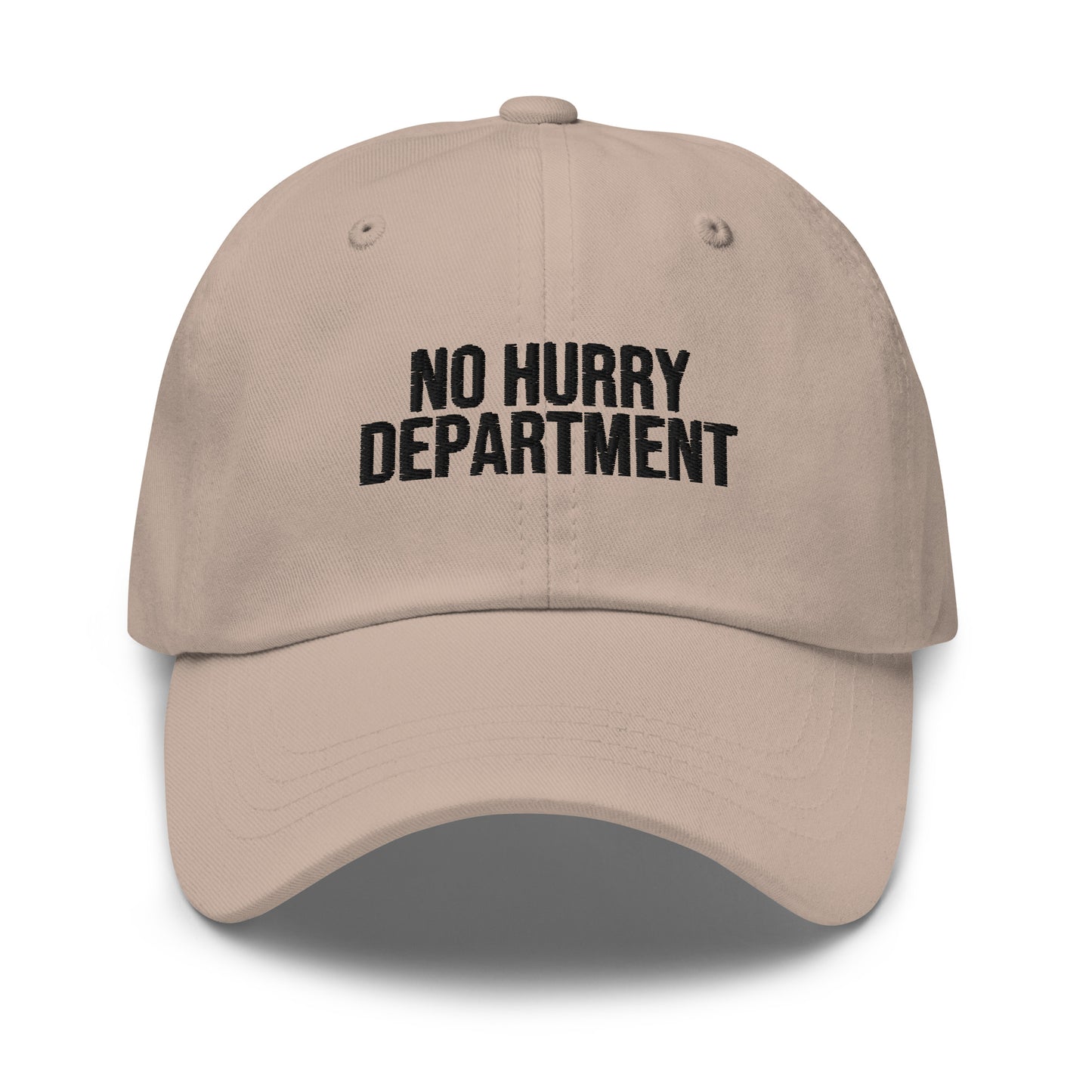 No Hurry Department embroidered baseball cap in Stone with black embroidery by White Boy Summer