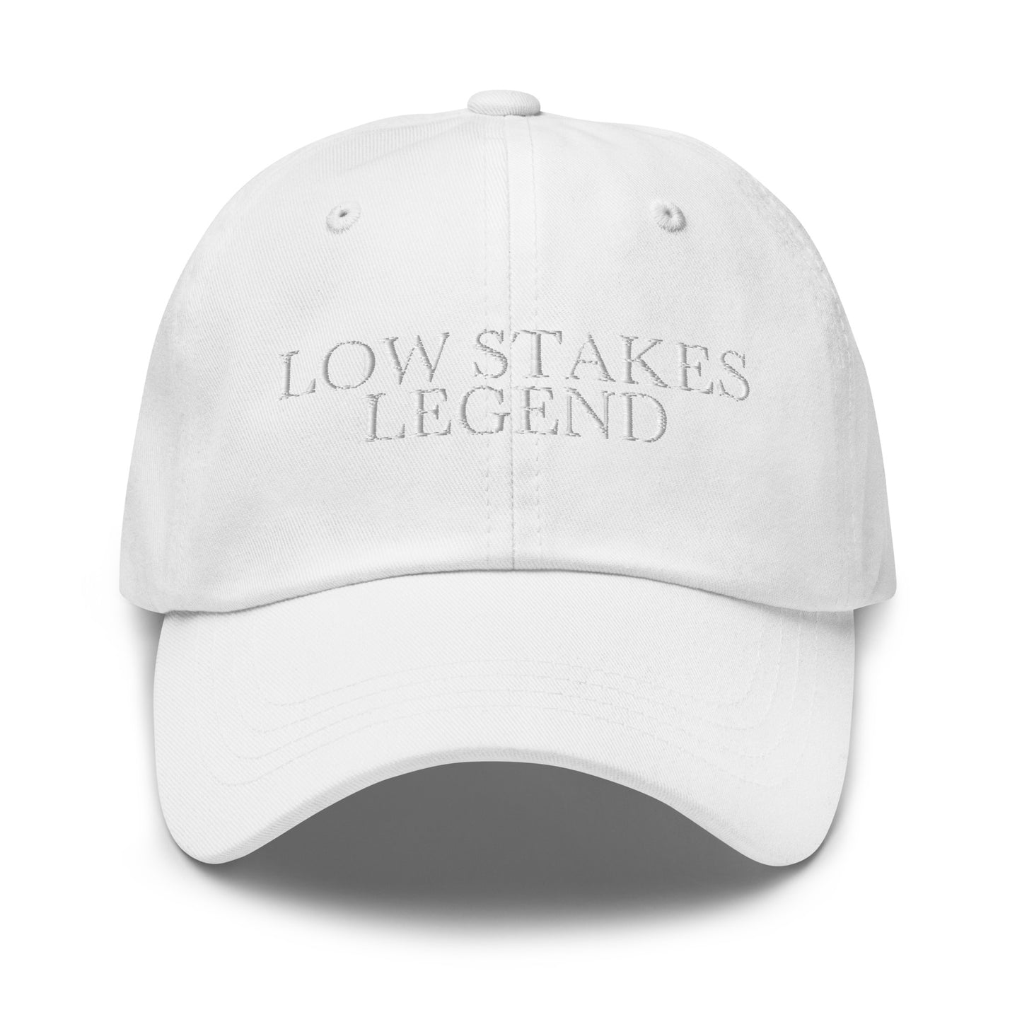 Low Stakes Legend embroidered baseball cap in White with white embroidery by White Boy Summer
