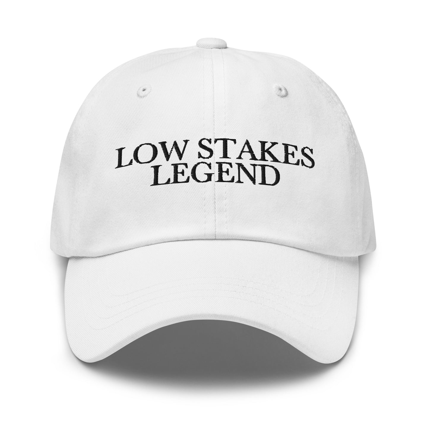 Low Stakes Legend embroidered baseball cap in White with black embroidery by White Boy Summer