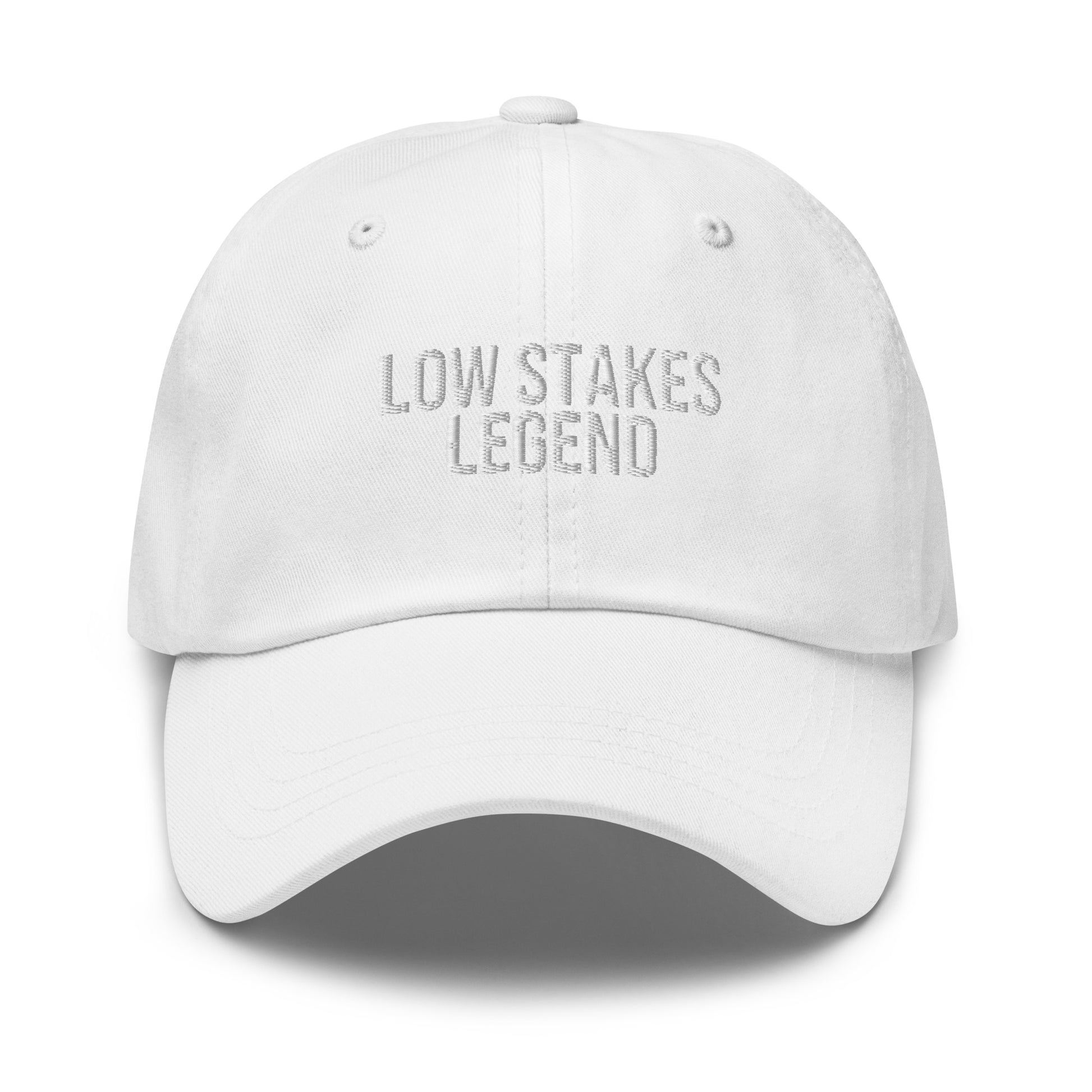 Low Stakes Legend embroidered baseball cap in White with white embroidery by White Boy Summer