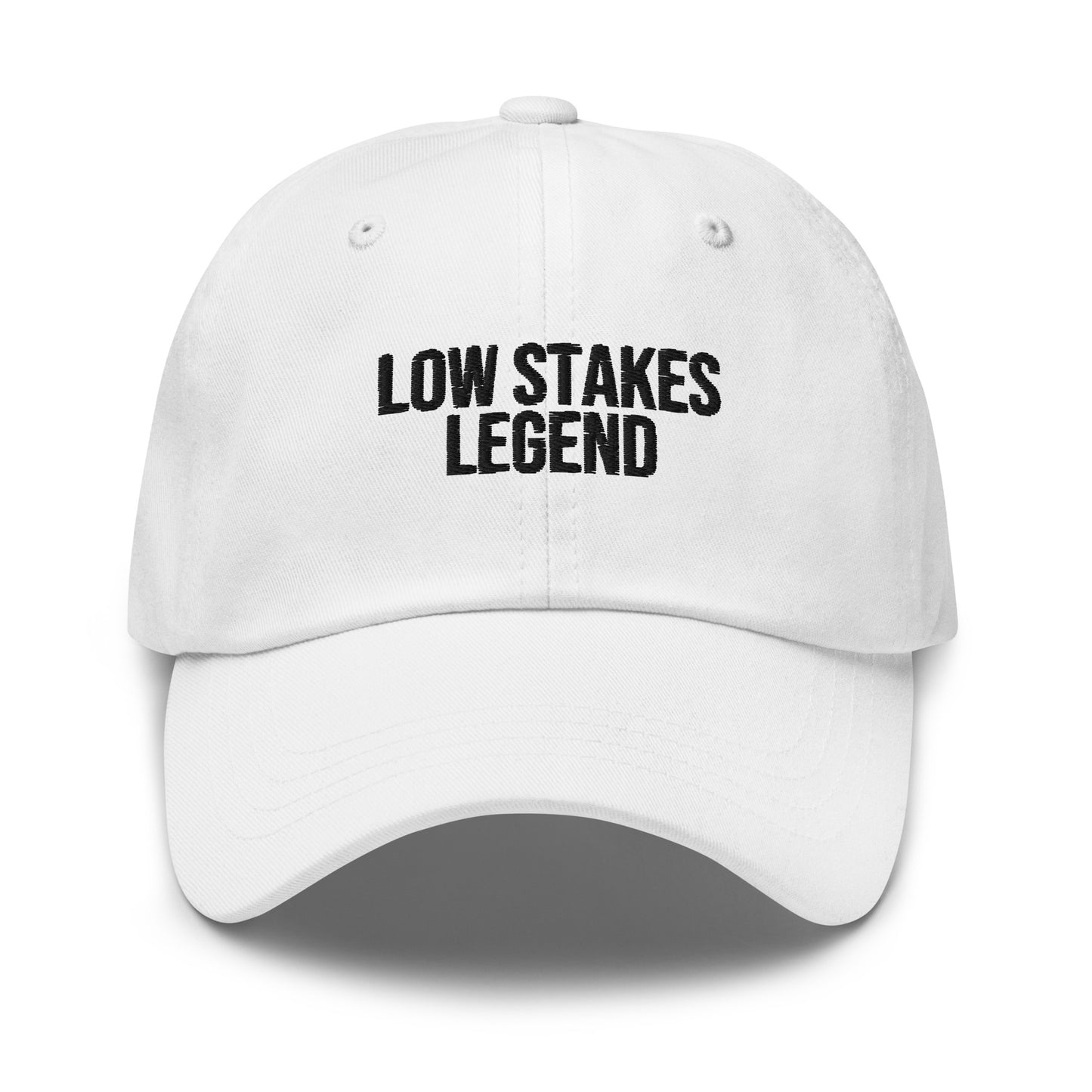 Low Stakes Legend embroidered baseball cap in White with black embroidery by White Boy Summer